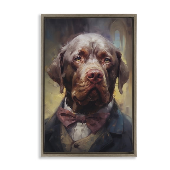 Stupell Industries Dog in Timeless Suit Fashion Animals Painting Brown Floater Framed Canvas Art Print Wall Art, 21 x 31