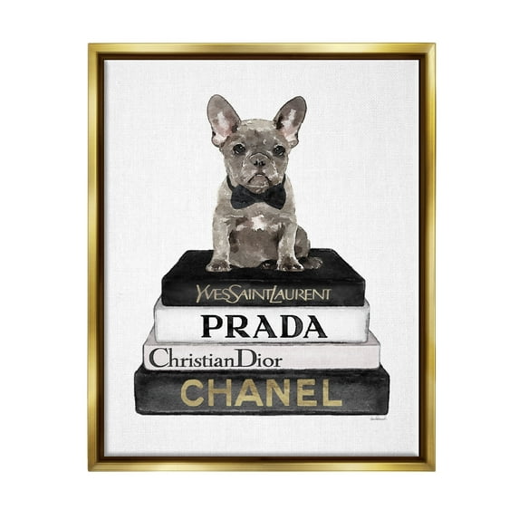 Stupell Industries Dog on Fashion Books Animals & Insects Painting Gold Floater Framed Canvas Art Print Wall Art, 17 x 21
