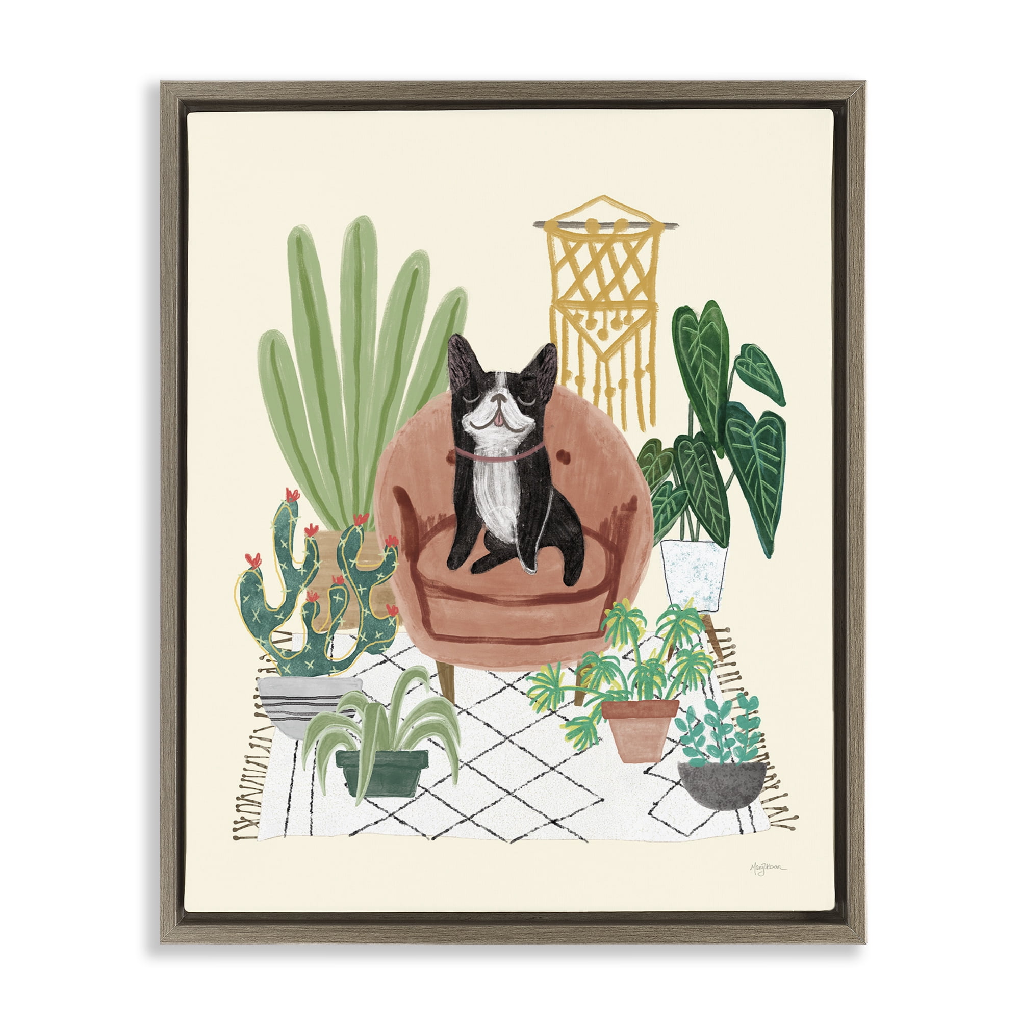 Stupell Industries Dog on Sofa with Plants Animals & Insects Painting Brown Floater Framed Canvas Art Print Wall Art, 17 x 21
