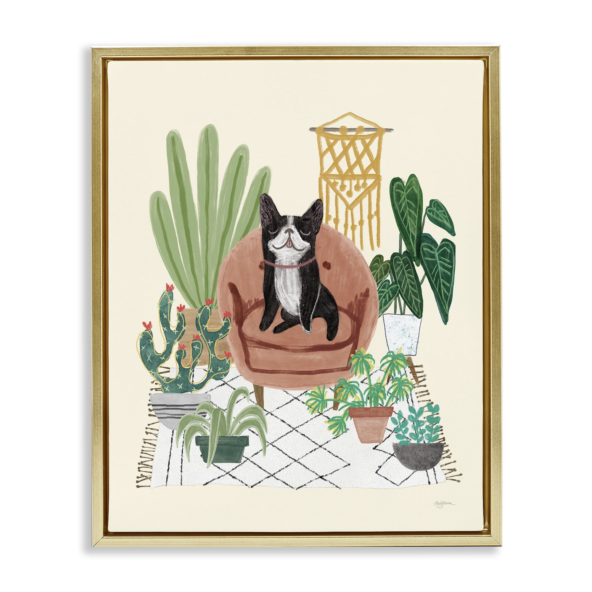 Stupell Industries Dog on Sofa with Plants Animals & Insects Painting Gold Floater Framed Canvas Art Print Wall Art, 25 x 31