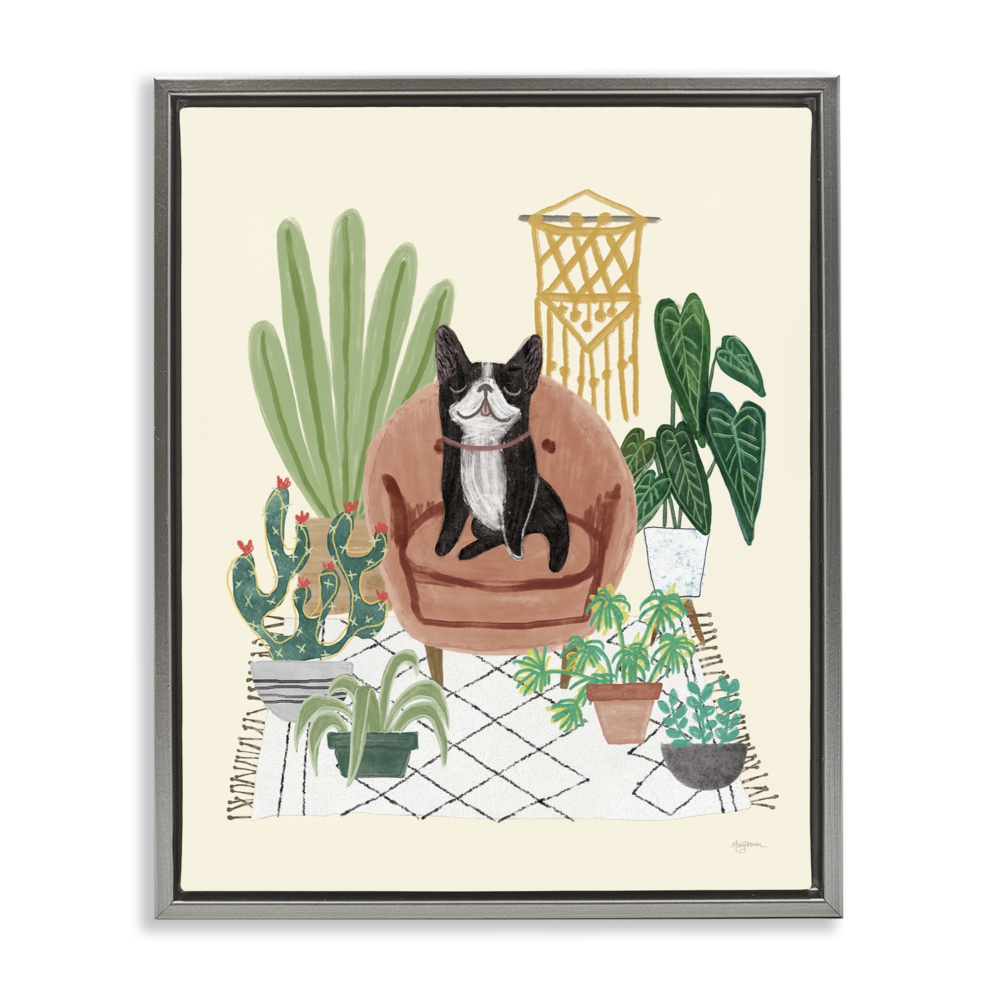 Stupell Industries Dog on Sofa with Plants Animals & Insects Painting Gray Floater Framed Canvas Art Print Wall Art, 17 x 21