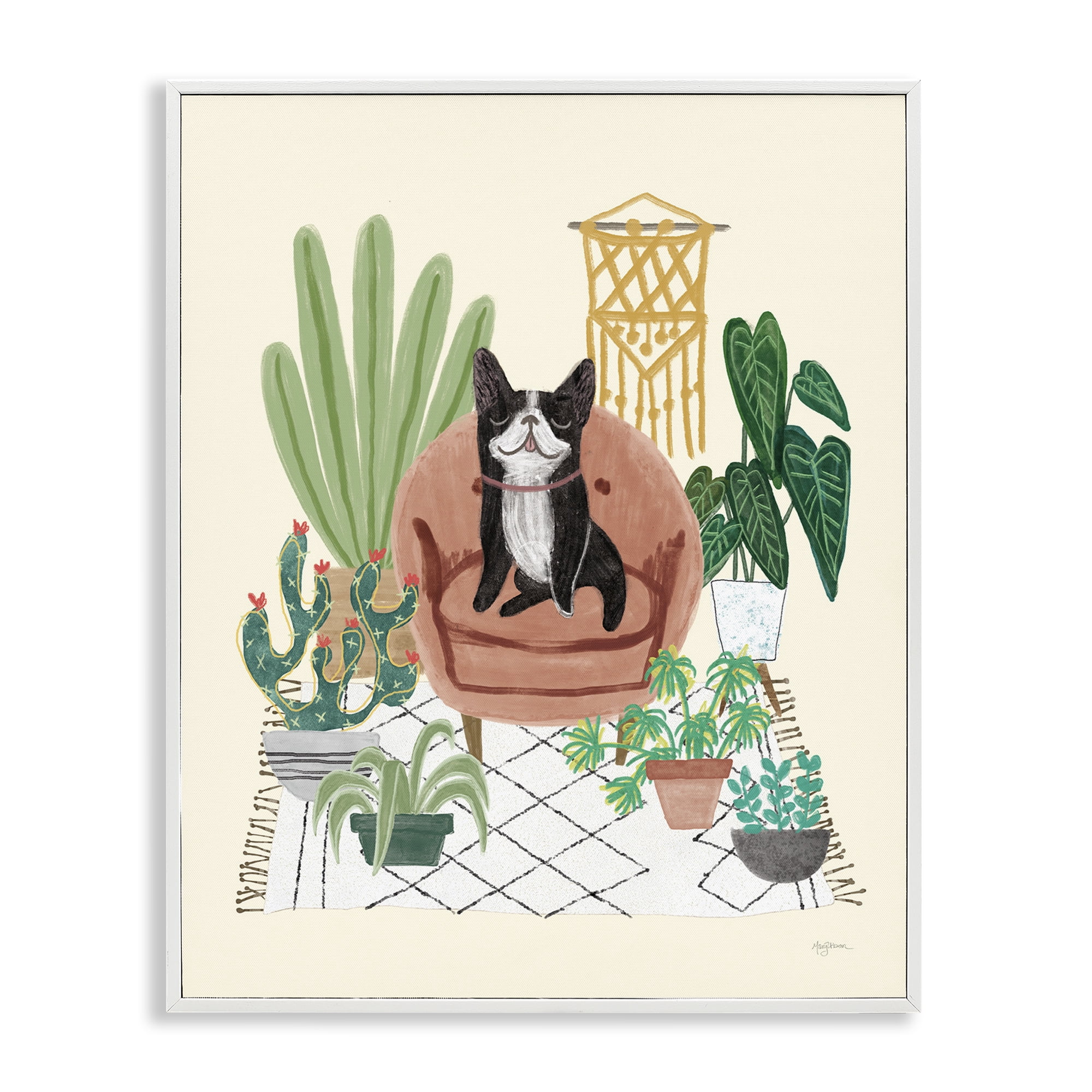 Stupell Industries Dog on Sofa with Plants Animals & Insects Painting White Framed Art Print Wall Art, 16 x 20