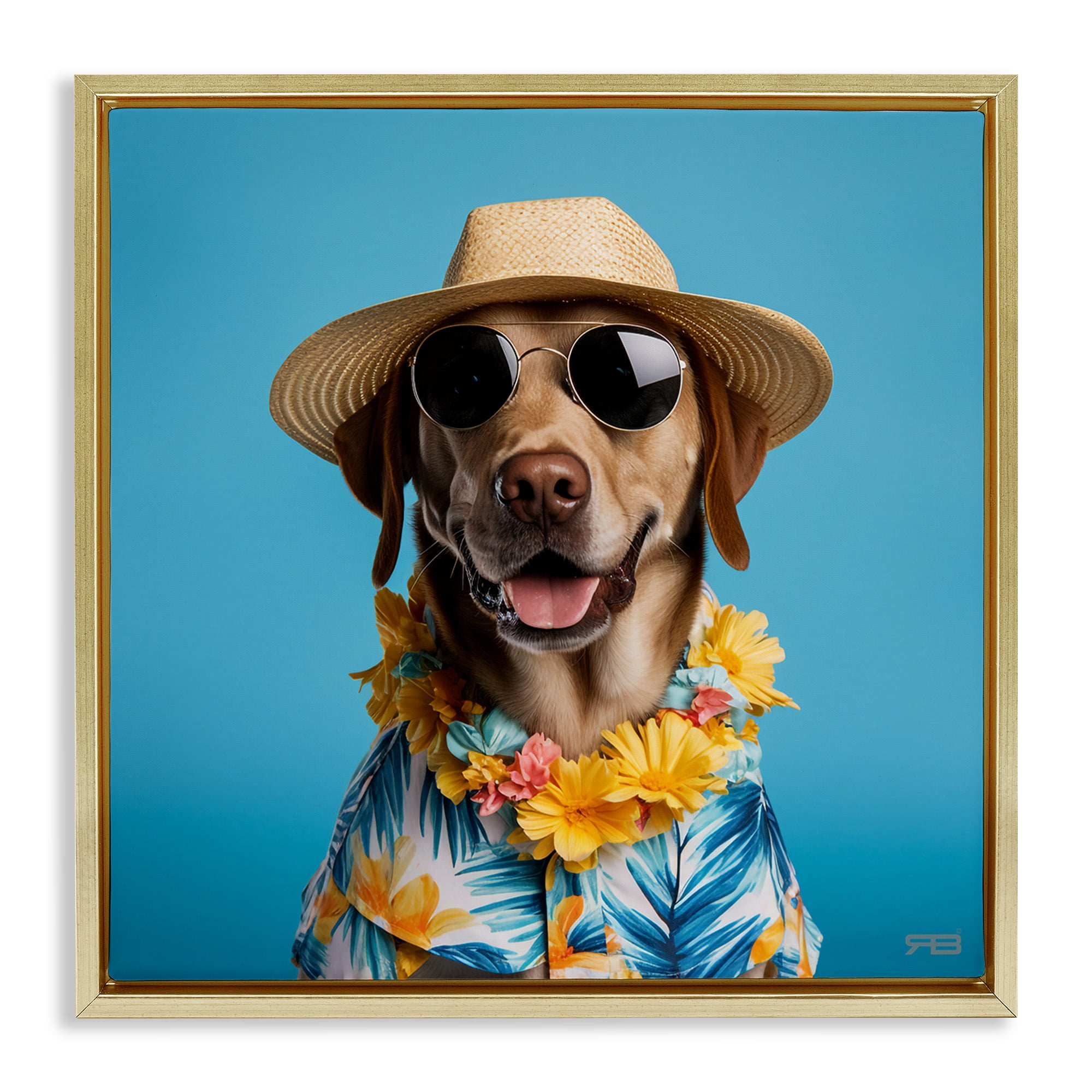 Stupell Industries Dog with Aloha Shirt Animals & Insects Painting Gold Floater Framed Canvas Art Print Wall Art, 18 x 18