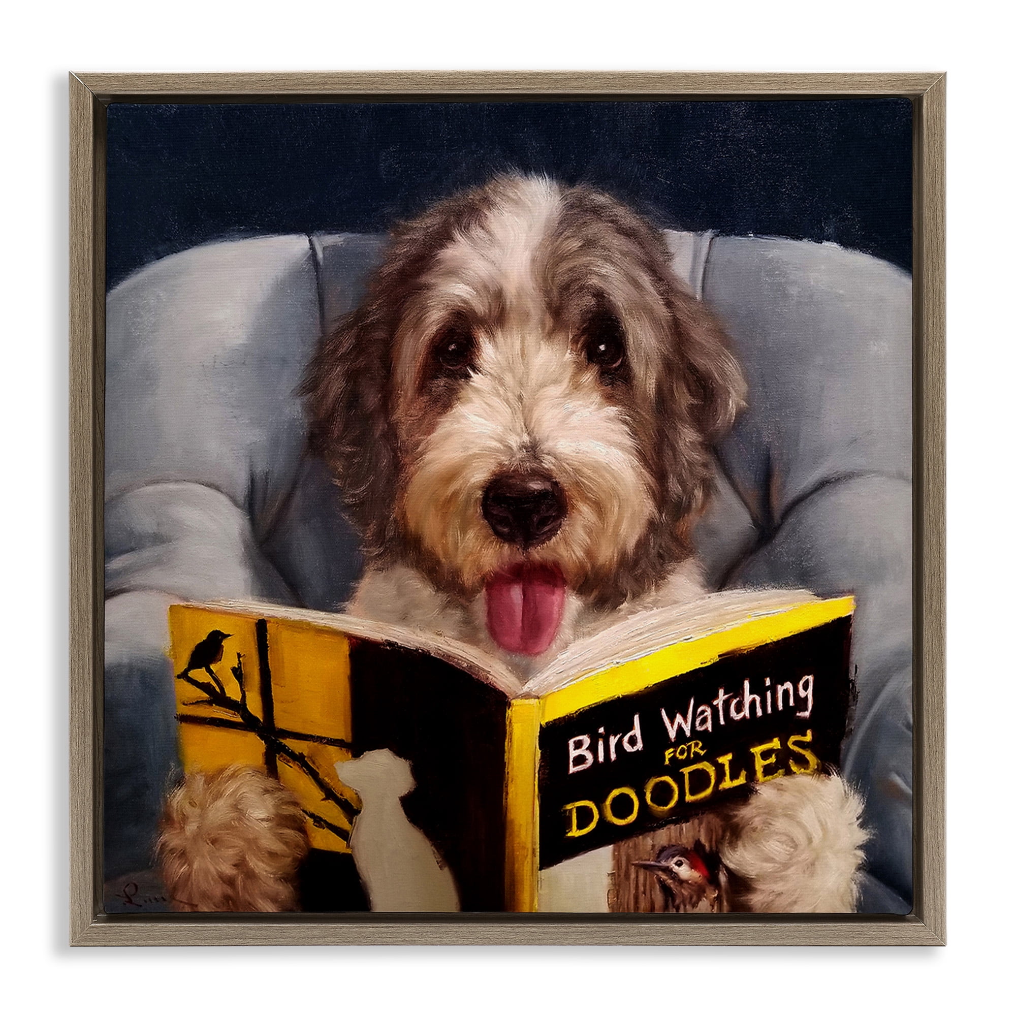 Stupell Industries Dog with Bird Watching Book Animals & Insects Painting Brown Floater Framed Canvas Art Print Wall Art, 25 x 25