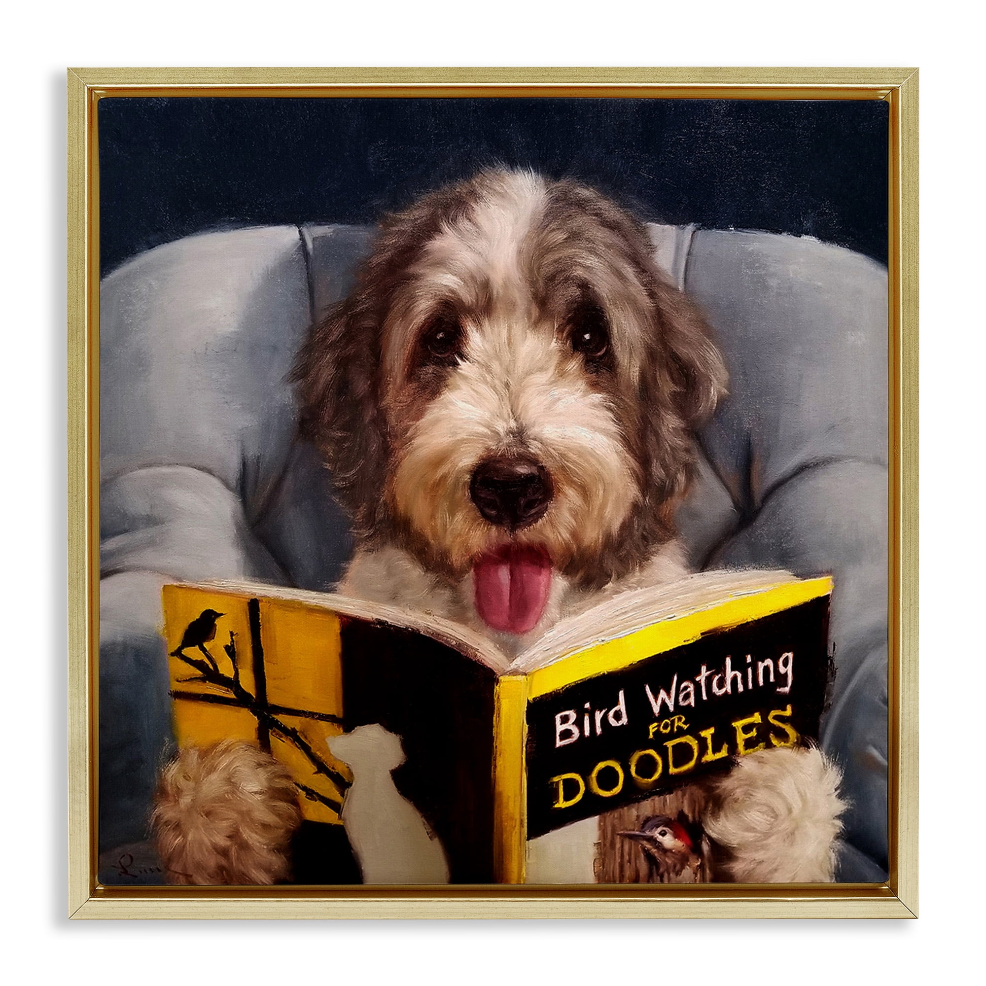 Stupell Industries Dog with Bird Watching Book Animals & Insects Painting Gold Floater Framed Canvas Art Print Wall Art, 18 x 18