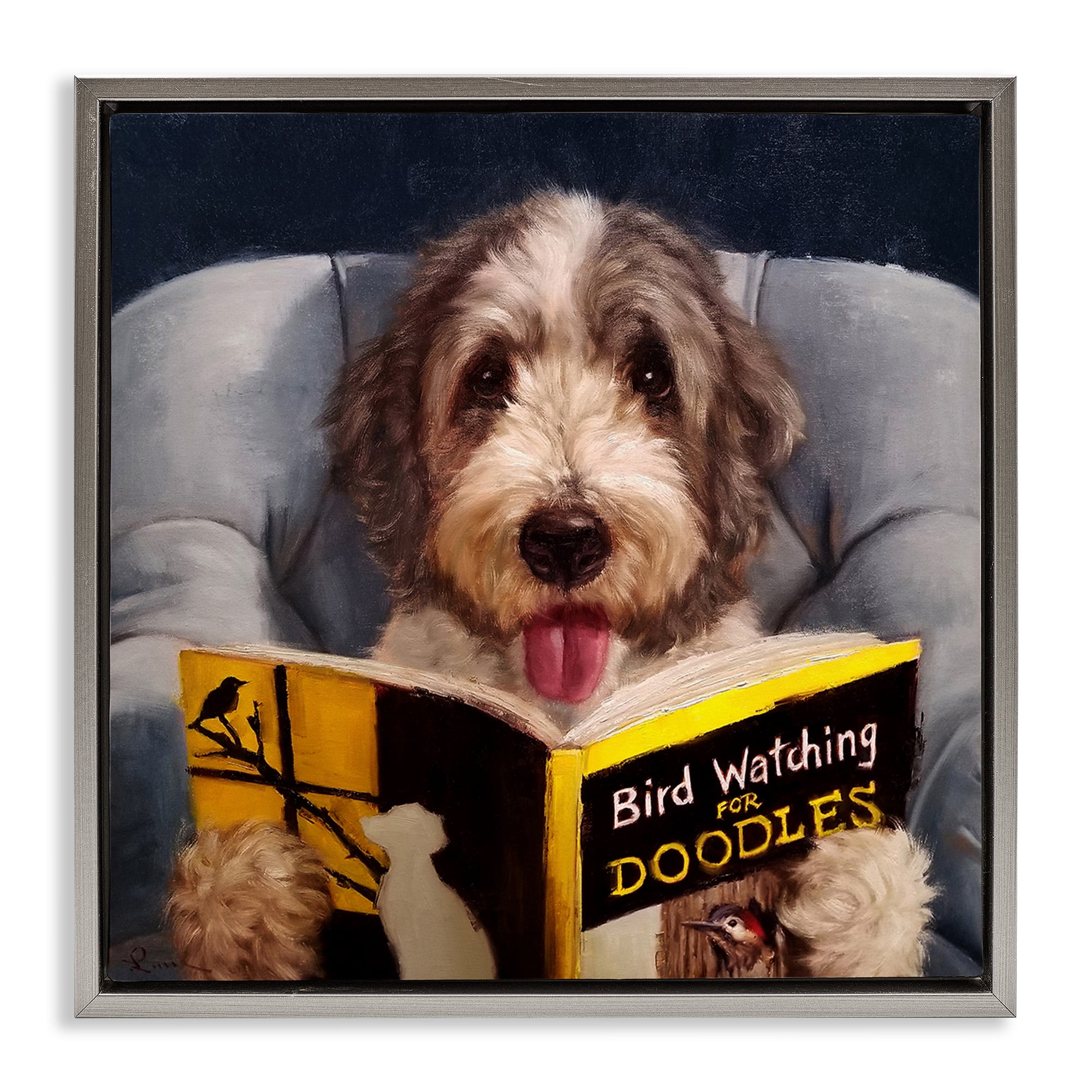 Stupell Industries Dog with Bird Watching Book Animals & Insects Painting Gray Floater Framed Canvas Art Print Wall Art, 25 x 25