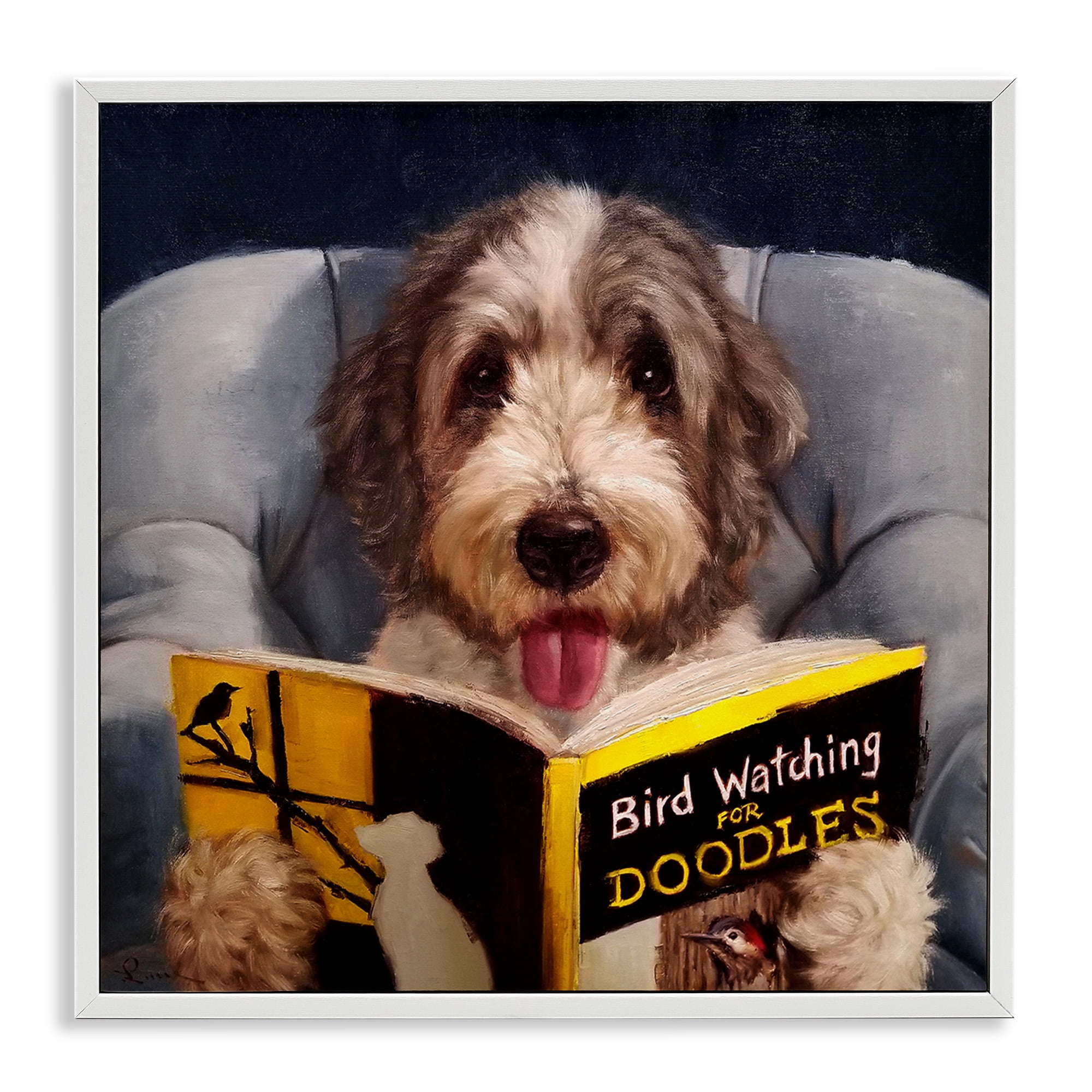 Stupell Industries Dog with Bird Watching Book Animals & Insects Painting White Framed Art Print Wall Art, 17 x 17
