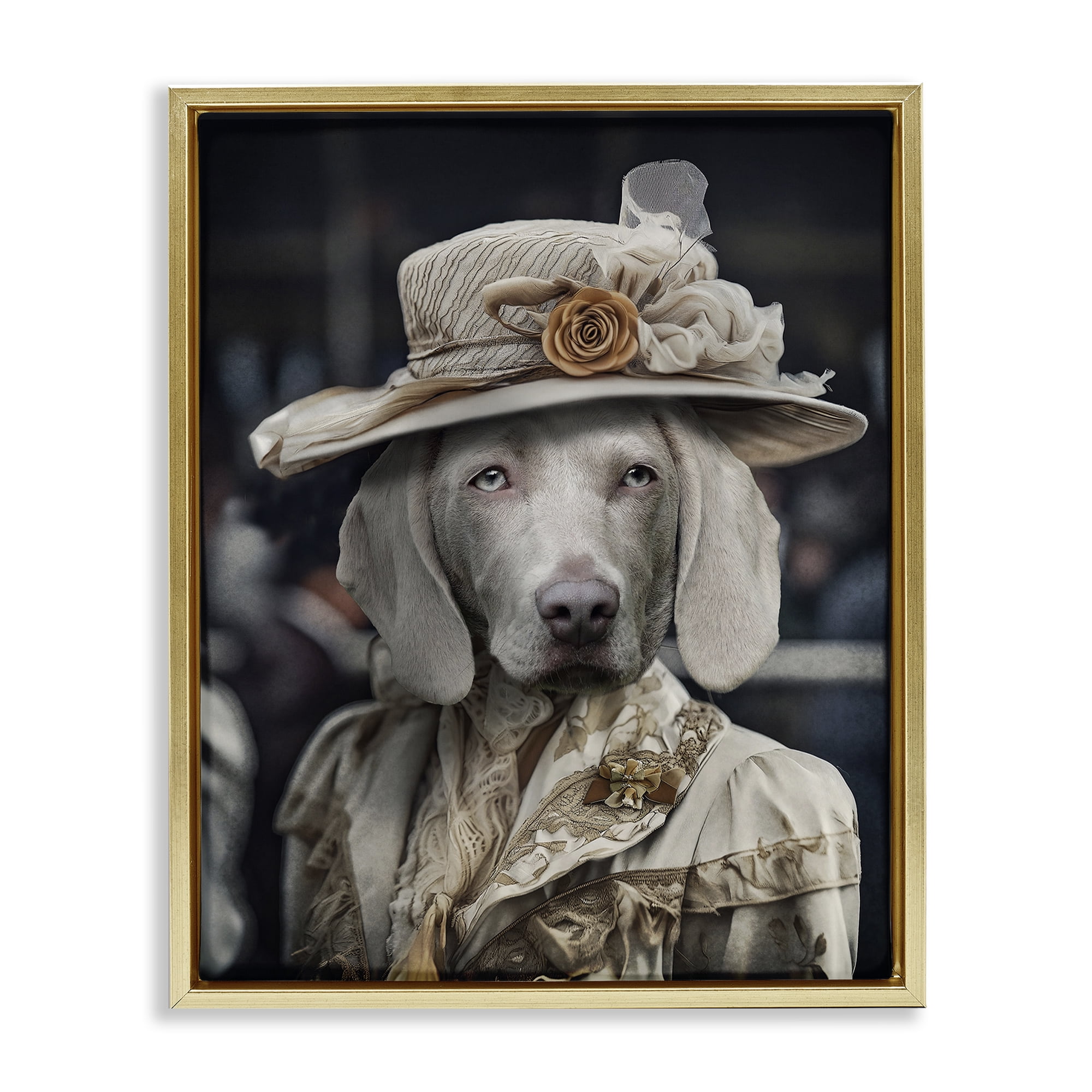 Stupell Industries Dog with Floral Hat Animals & Insects Painting Gold Floater Framed Canvas Art Print Wall Art, 25 x 31