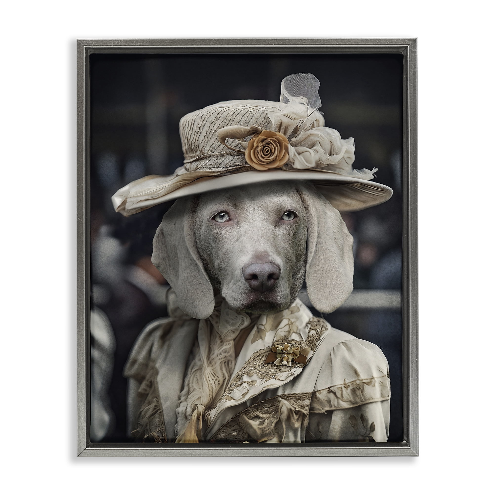 Stupell Industries Dog with Floral Hat Animals & Insects Painting Gray Floater Framed Canvas Art Print Wall Art, 25 x 31