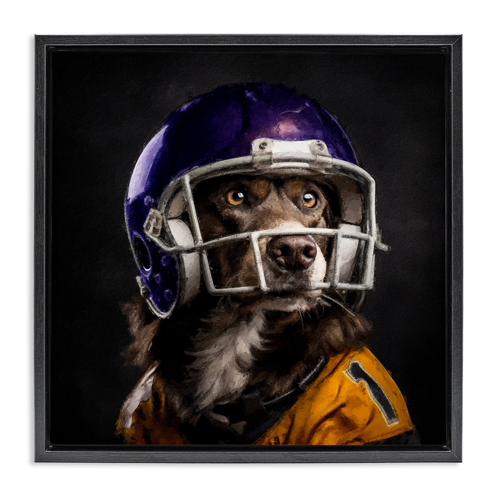 Stupell Industries Dog with Football Helmet Animals Painting Black Floater Framed Canvas Art Print Wall Art, 18 x 18