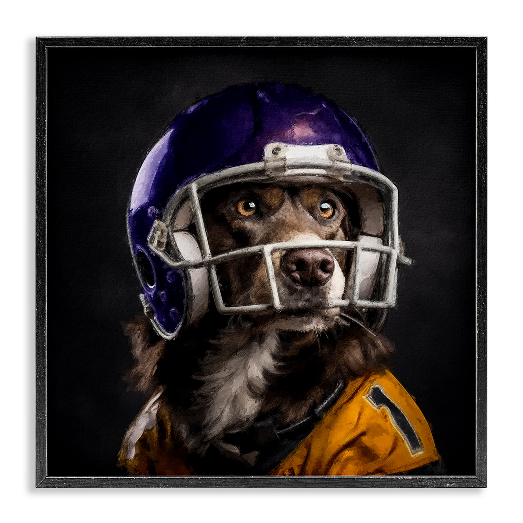 Stupell Industries Dog with Football Helmet Animals Painting Black Framed Art Print Wall Art, 24 x 24