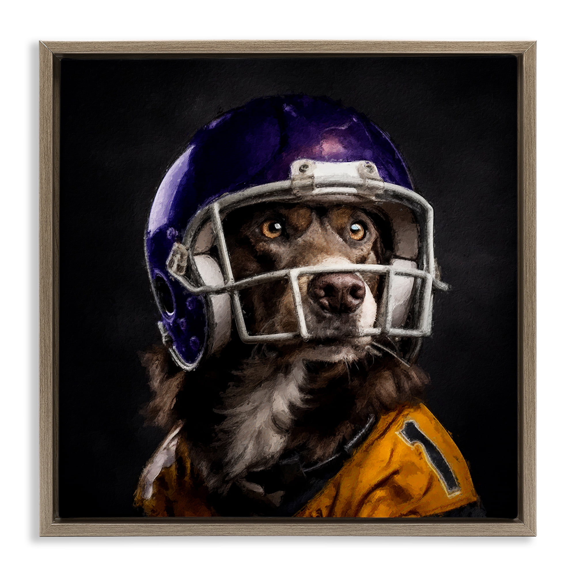 Stupell Industries Dog with Football Helmet Animals Painting Brown Floater Framed Canvas Art Print Wall Art, 25 x 25