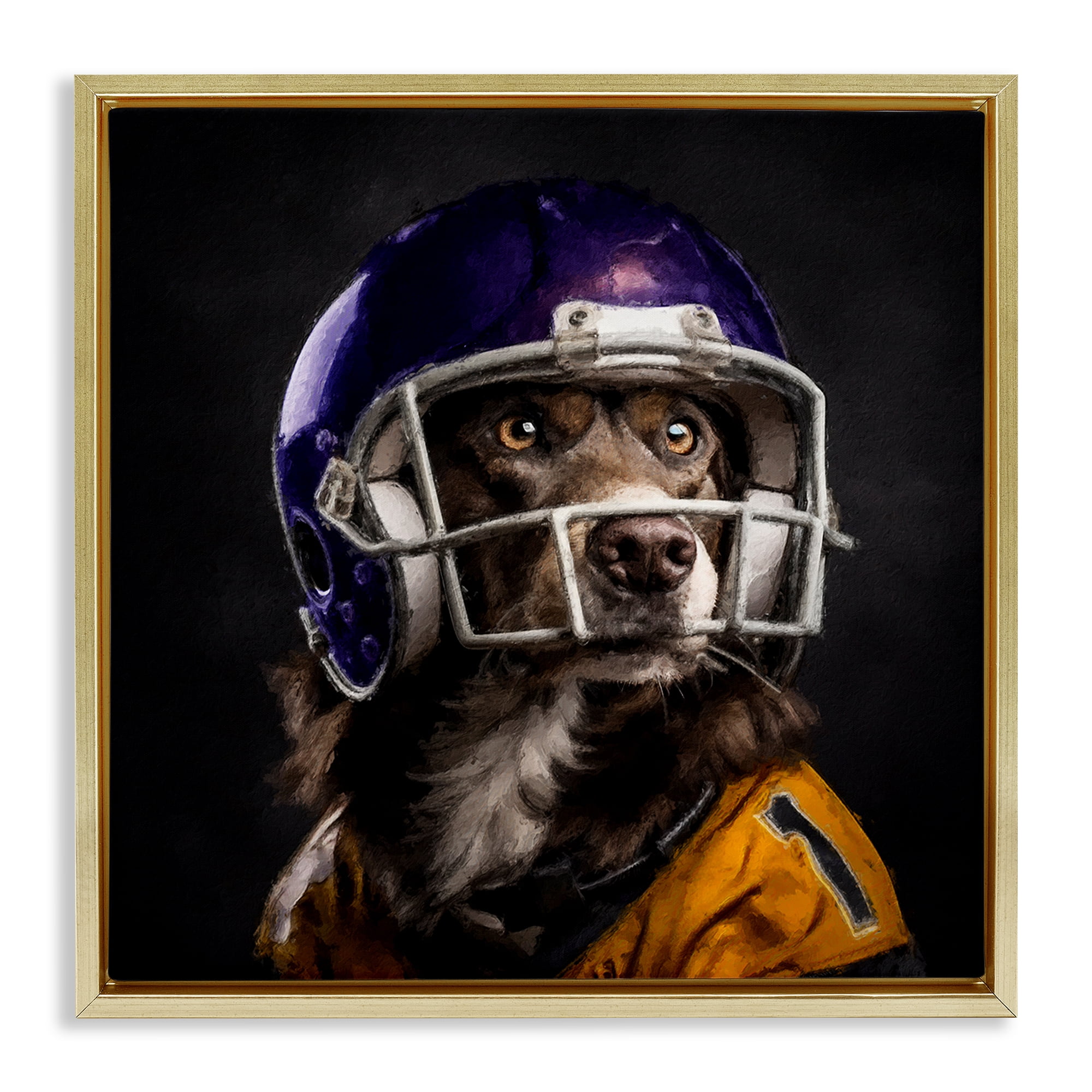 Stupell Industries Dog with Football Helmet Animals Painting Gold Floater Framed Canvas Art Print Wall Art, 18 x 18