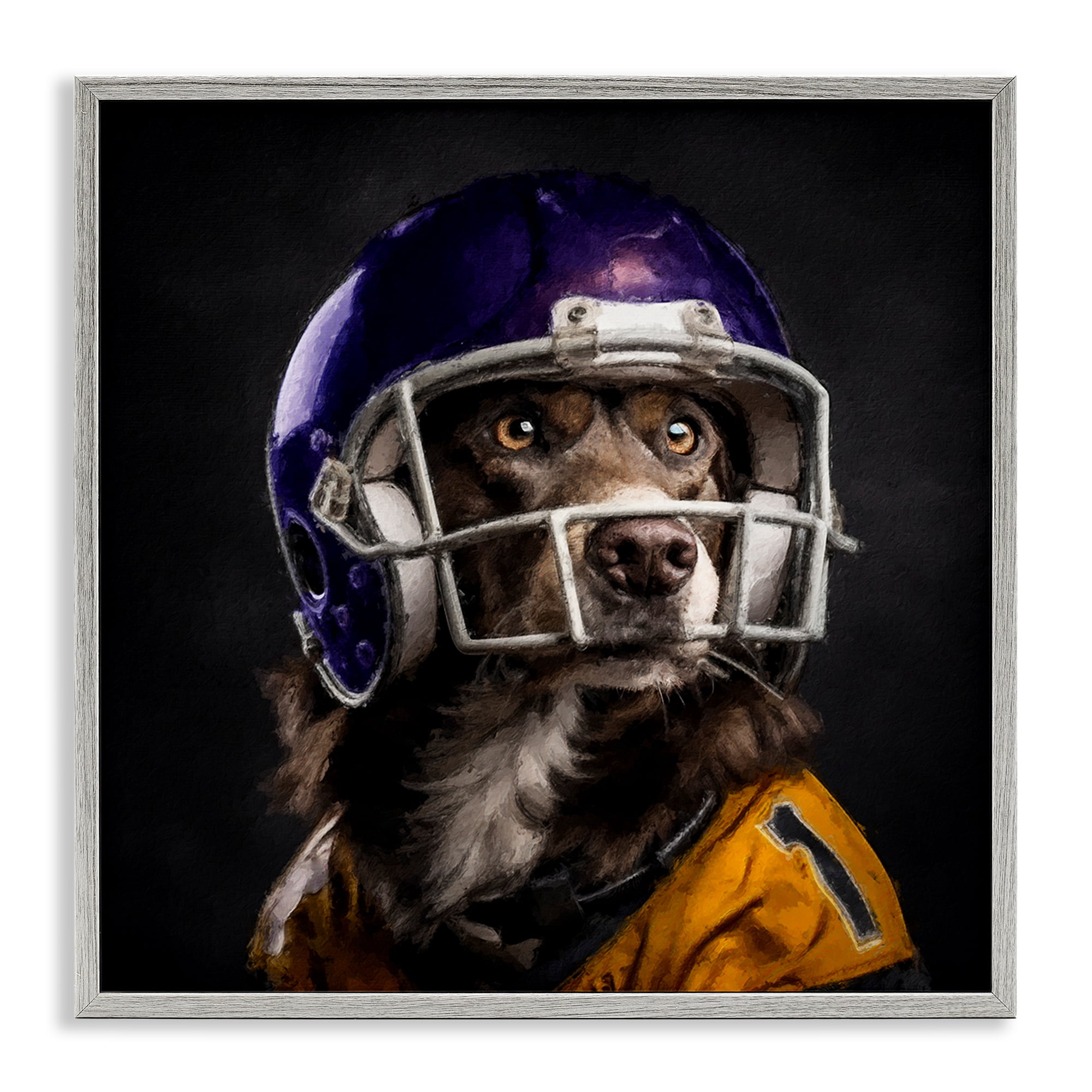 Stupell Industries Dog with Football Helmet Animals Painting Gray Framed Art Print Wall Art, 12 x 12