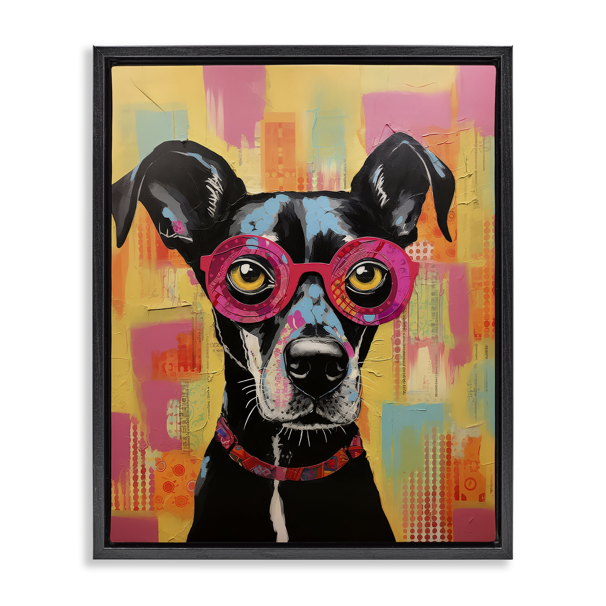 Stupell Industries Dog with Fun Glasses Animals Painting Black Floater Framed Canvas Art Print Wall Art, 17 x 21