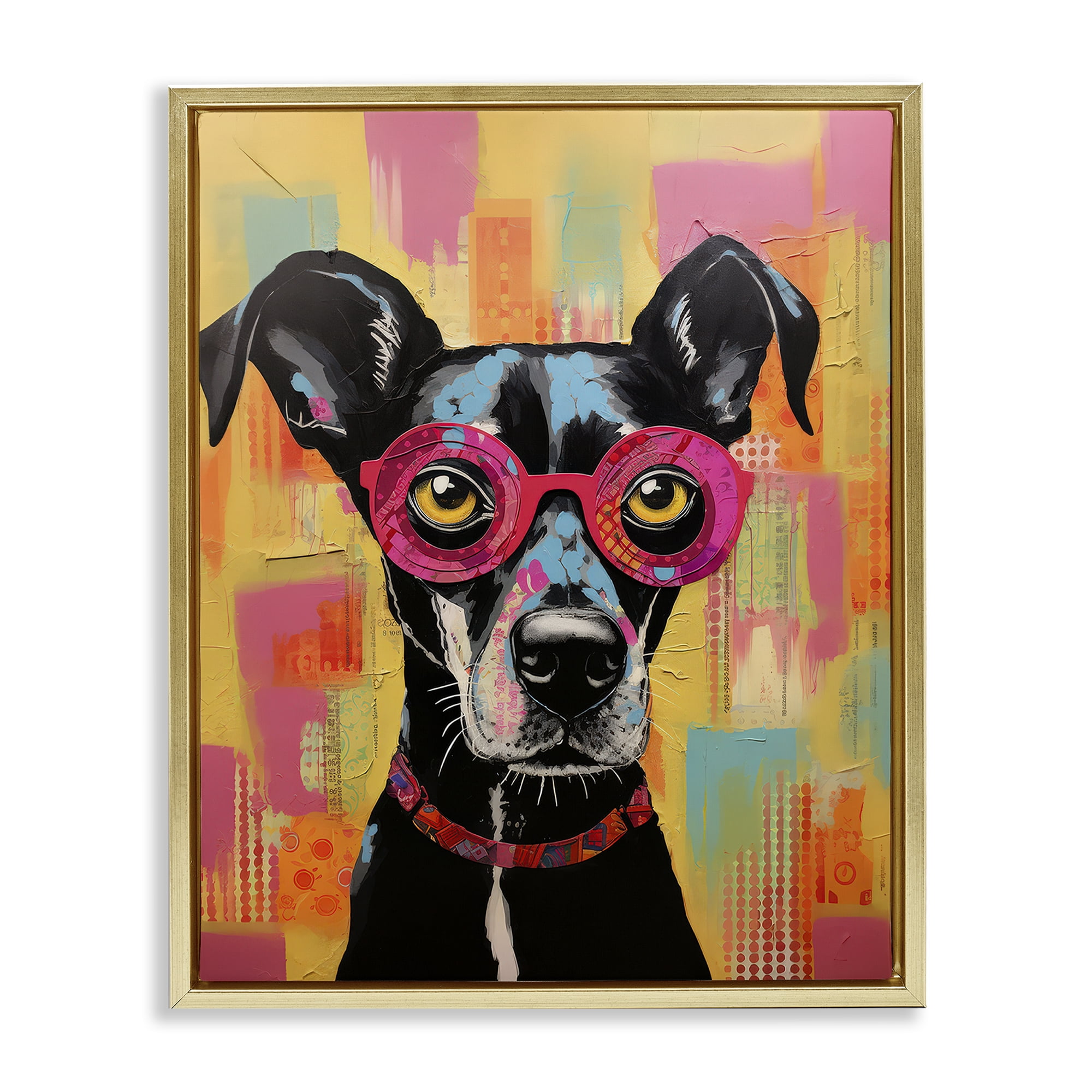 Stupell Industries Dog with Fun Glasses Animals Painting Gold Floater Framed Canvas Art Print Wall Art, 25 x 31
