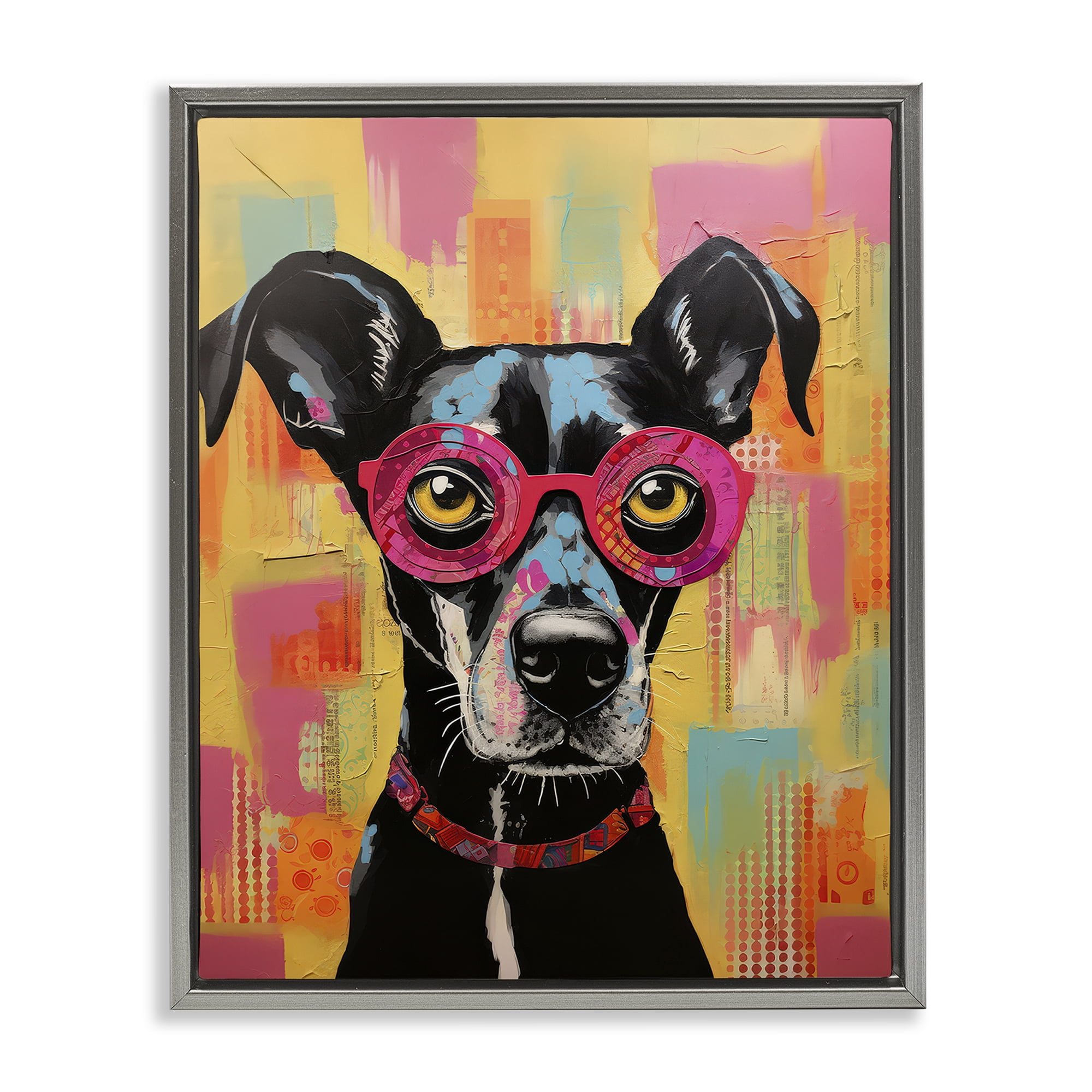 Stupell Industries Dog with Fun Glasses Animals Painting Gray Floater Framed Canvas Art Print Wall Art, 17 x 21