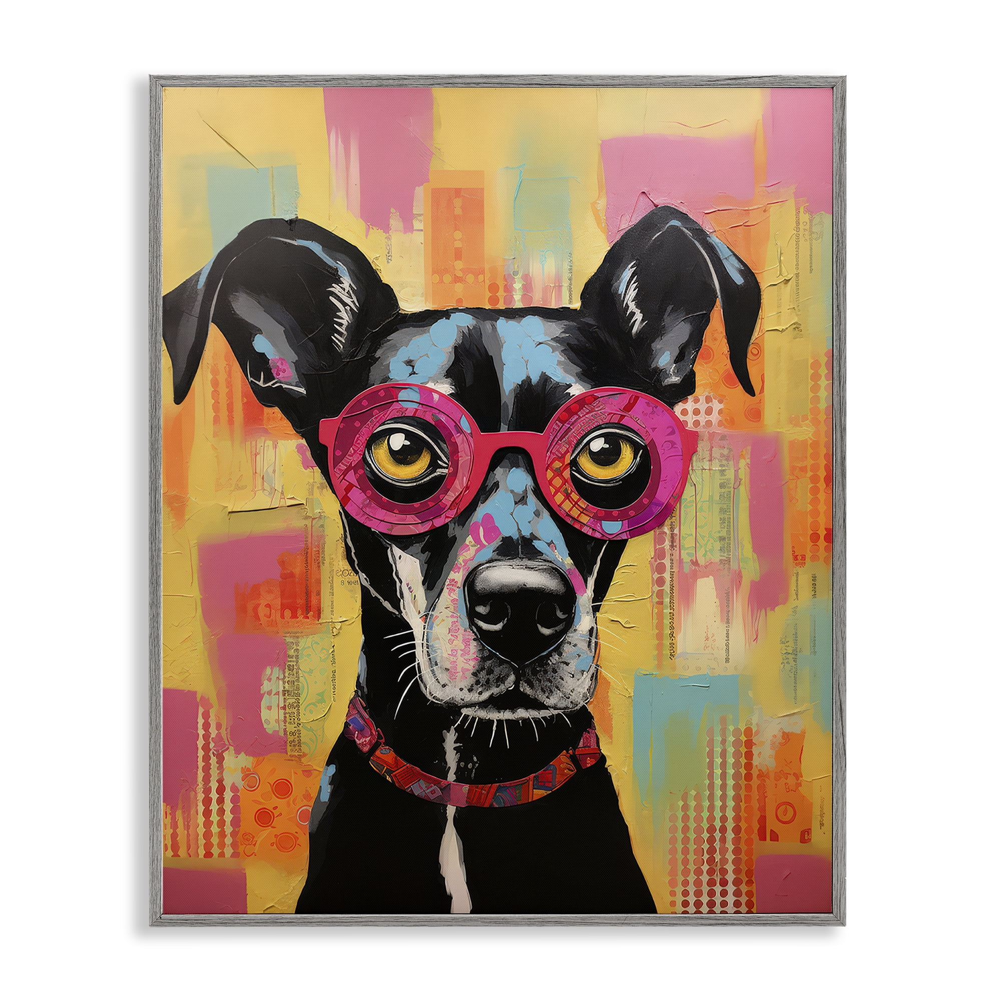 Stupell Industries Dog with Fun Glasses Animals Painting Gray Framed Art Print Wall Art, 11 x 14