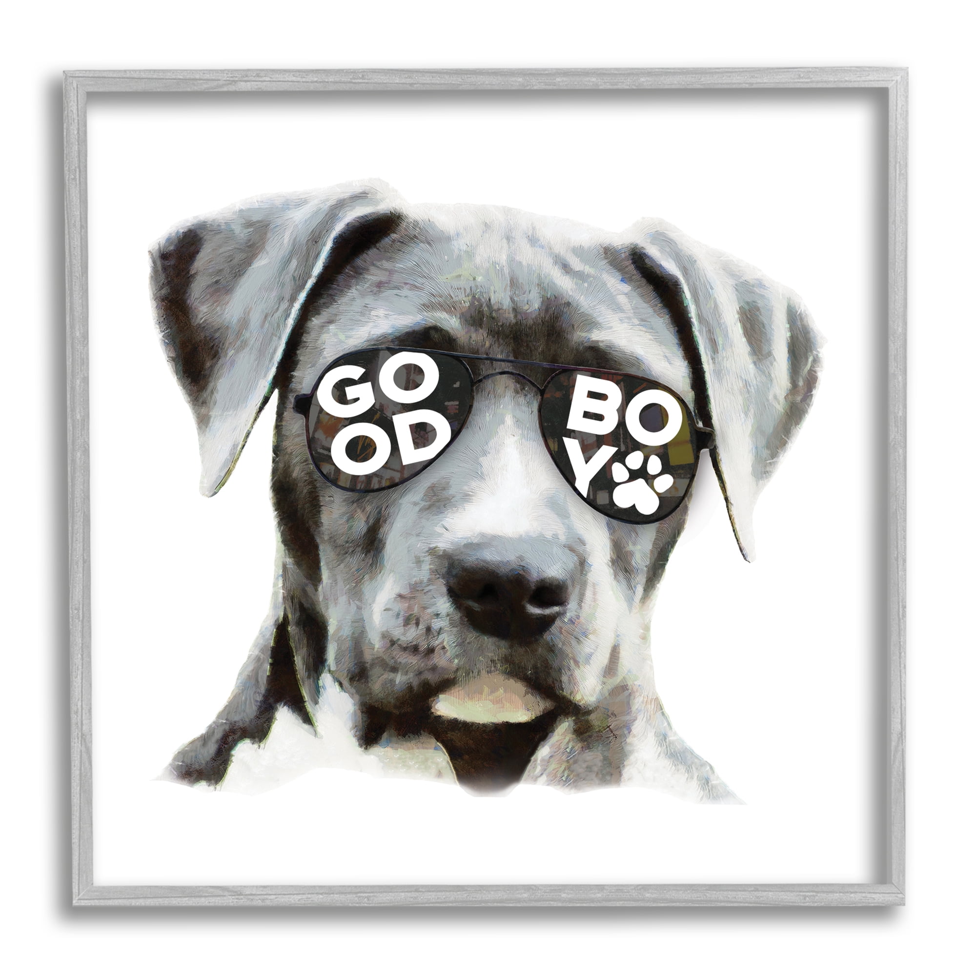 Stupell Industries Dog with Good Boy Glasses Animals & Insects Painting Gray Framed Art Print Wall Art, 12 x 12