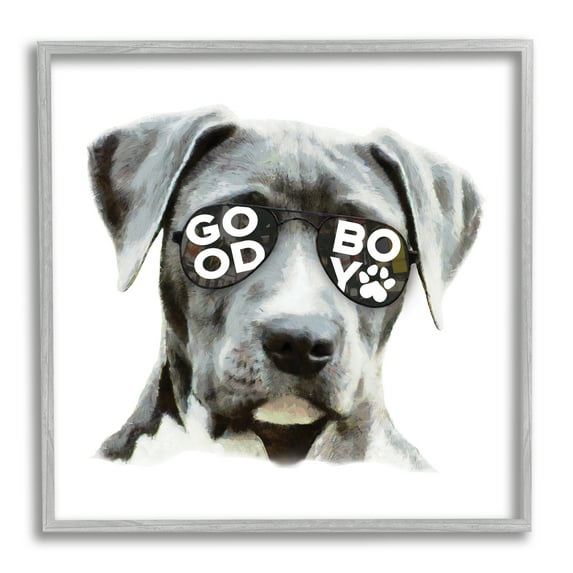 Stupell Industries Dog with Good Boy Glasses Animals & Insects Painting Gray Framed Art Print Wall Art, 12 x 12