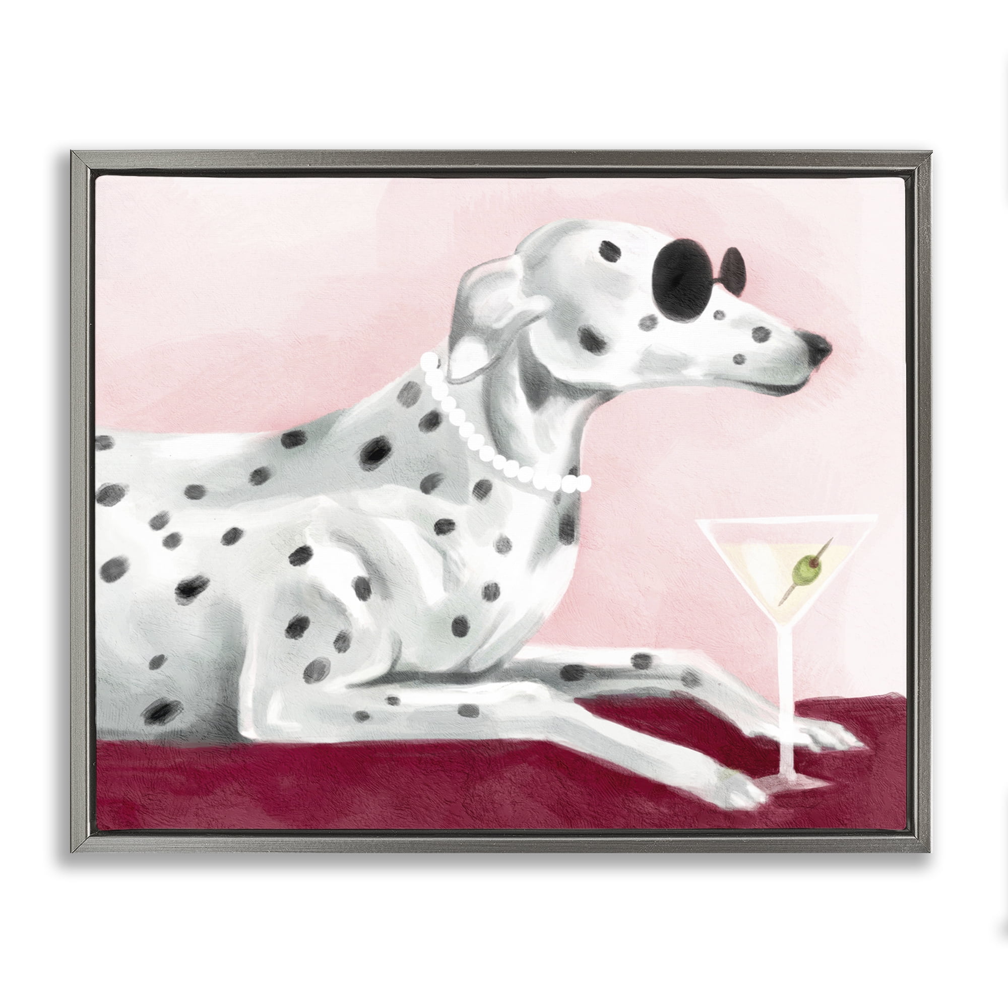 Stupell Industries Dog with Martini Animals Painting Gray Floater Framed Canvas Art Print Wall Art, 31 x 25