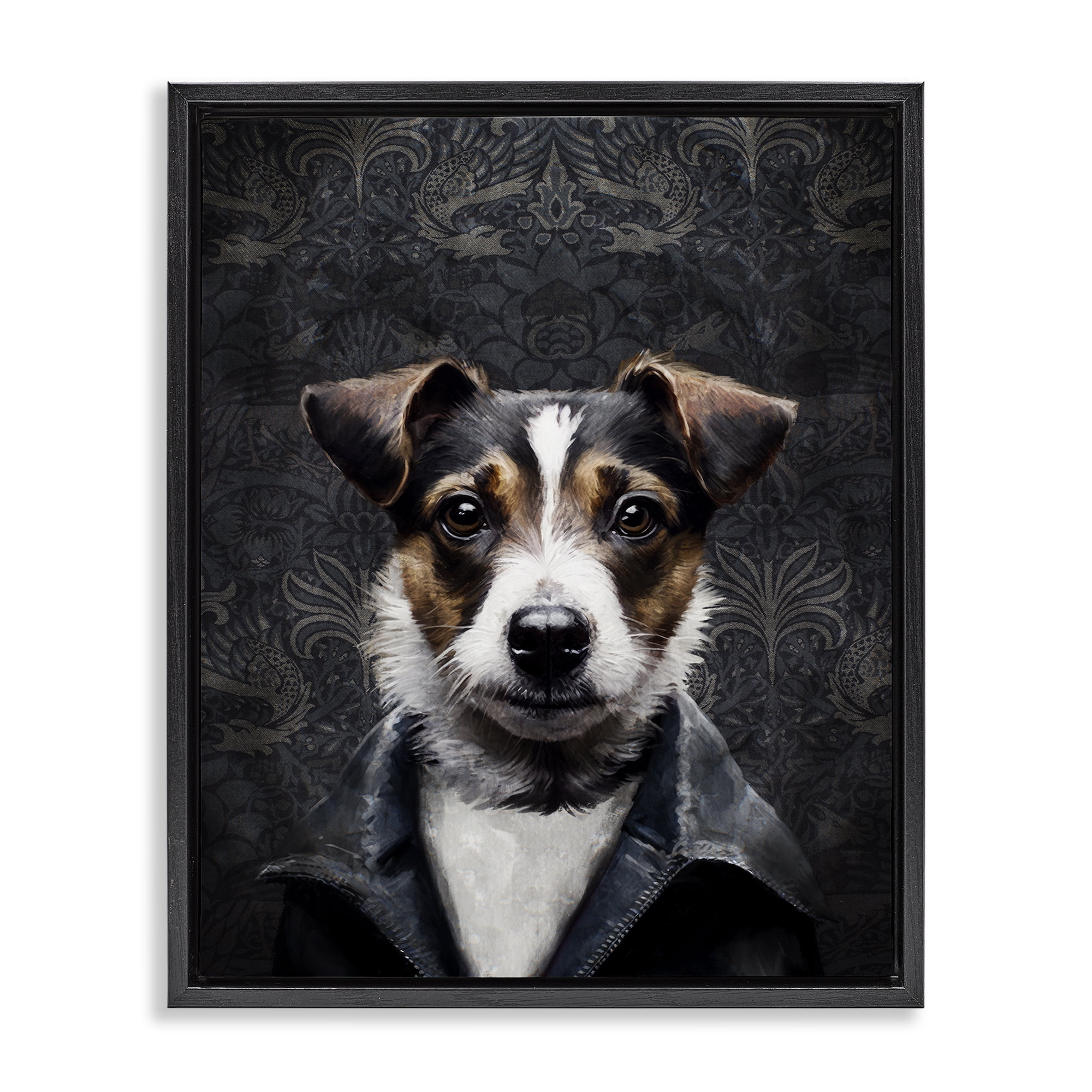 Stupell Industries Dog with Ornate Background Animals Painting Black Floater Framed Canvas Art Print Wall Art, 17 x 21