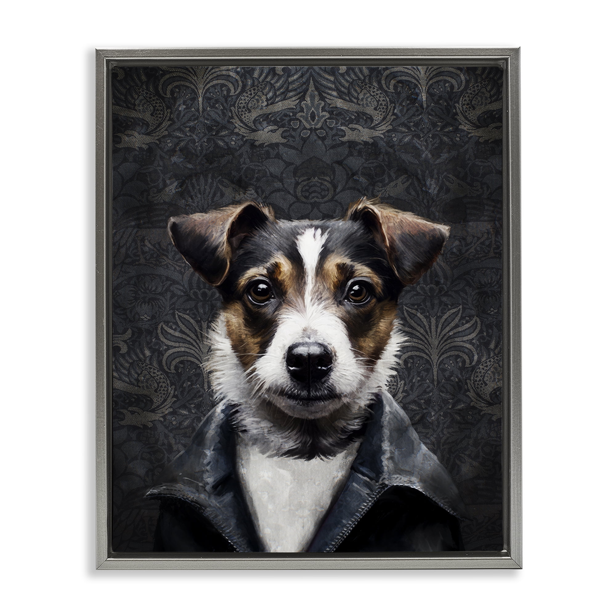 Stupell Industries Dog with Ornate Background Animals Painting Gray Floater Framed Canvas Art Print Wall Art, 17 x 21