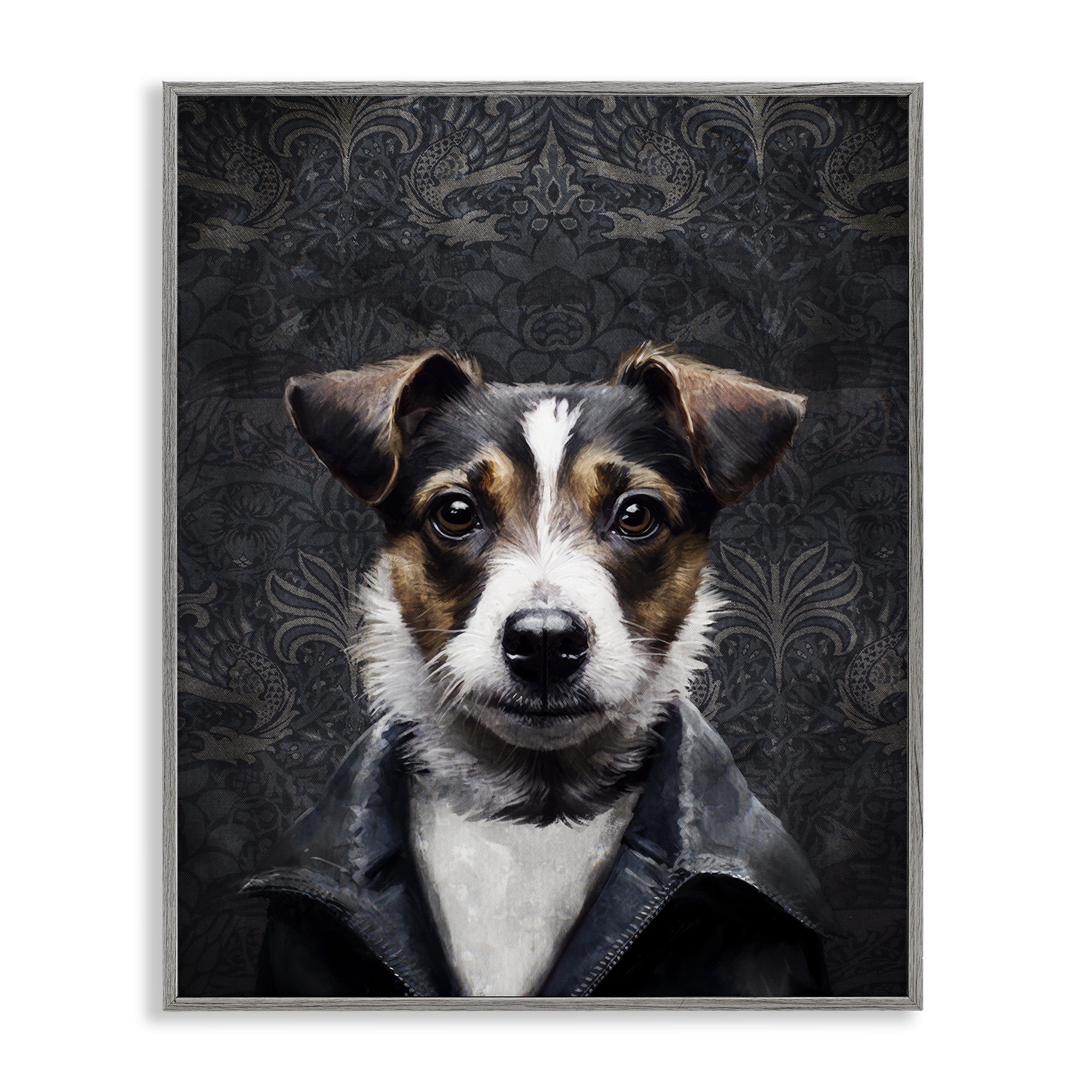 Stupell Industries Dog with Ornate Background Animals Painting Gray Framed Art Print Wall Art, 24 x 30