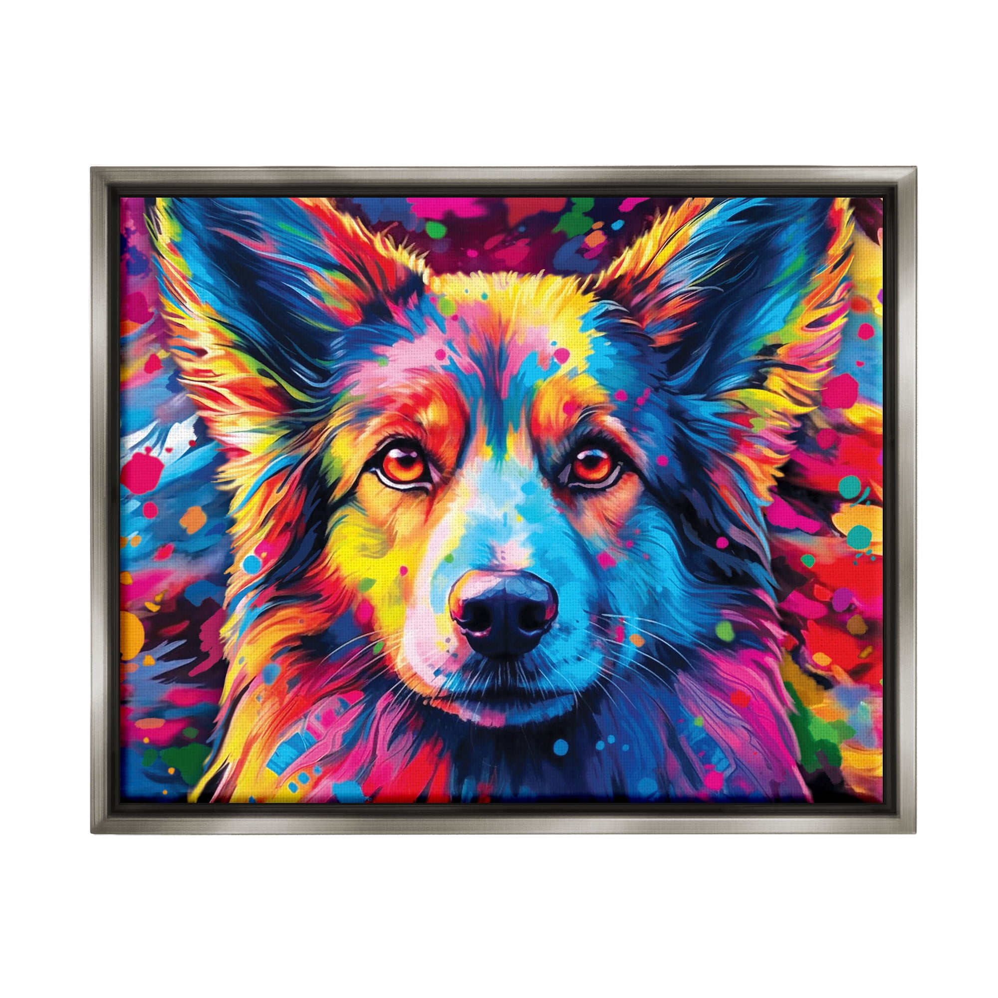 Stupell Industries Dog with Vivid Paint Splash Animals & Insects Painting Gray Floater Framed Canvas Art Print Wall Art, 21 x 17