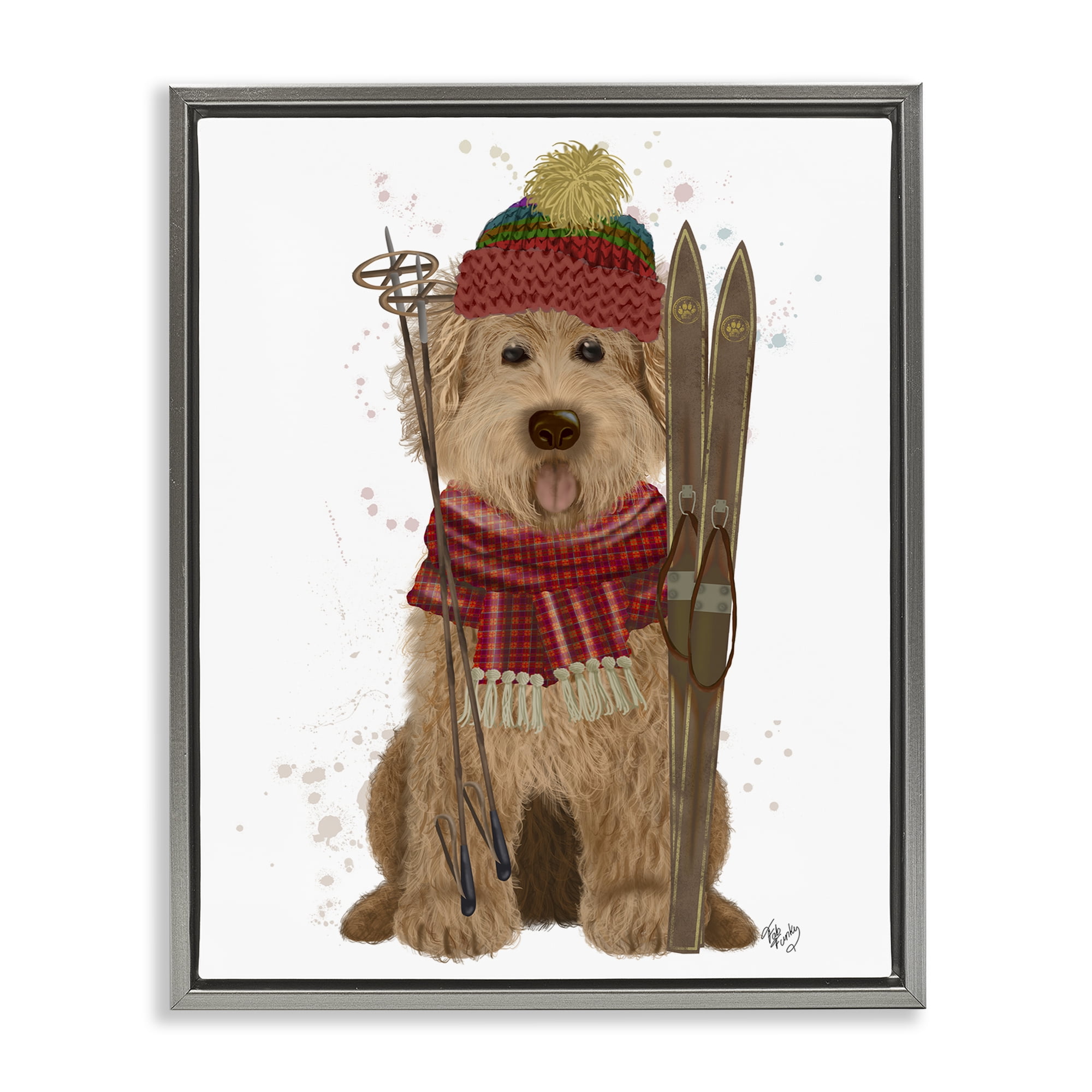 Stupell Industries Dog with Winter Skis Animals & Insects Painting Gray Floater Framed Canvas Art Prints Wall Art, 17 x 21