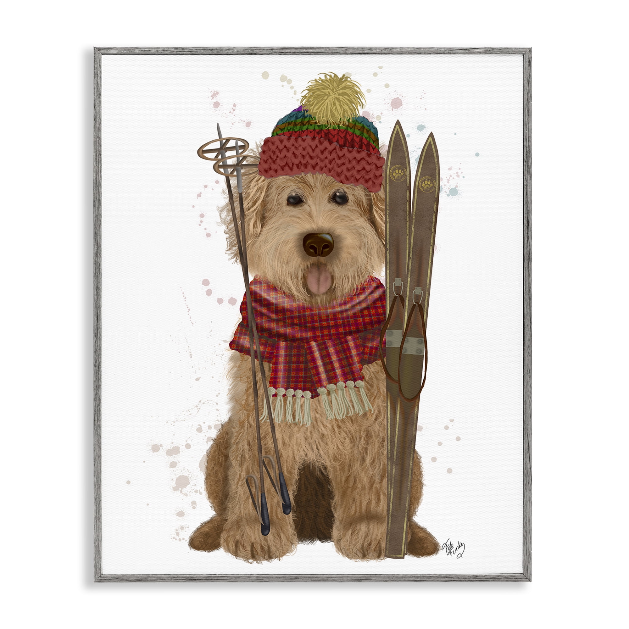 Stupell Industries Dog with Winter Skis Animals & Insects Painting Gray Framed Art Prints Wall Art, 11 x 14