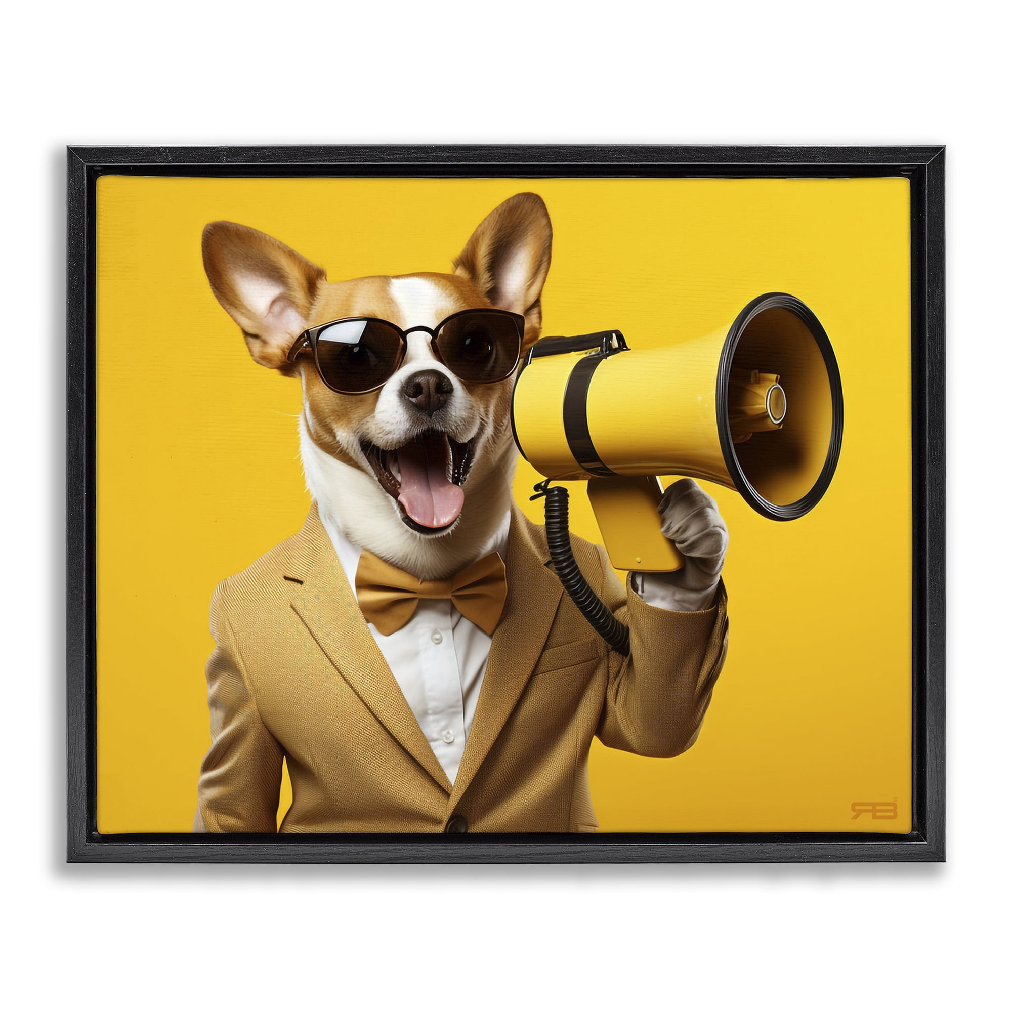 Stupell Industries Dog with Yellow Megaphone Animals & Insects Painting Black Floater Framed Canvas Art Print Wall Art, 21 x 17
