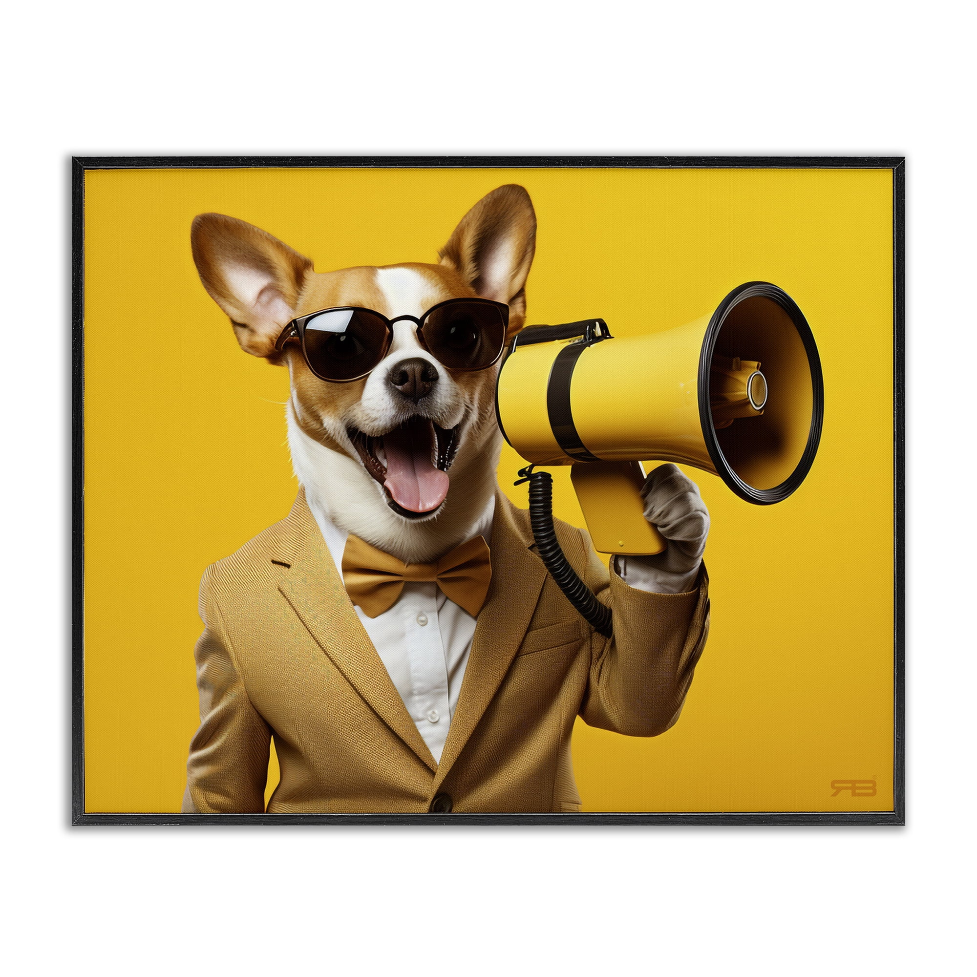 Stupell Industries Dog with Yellow Megaphone Animals & Insects Painting Black Framed Art Print Wall Art, 30 x 24