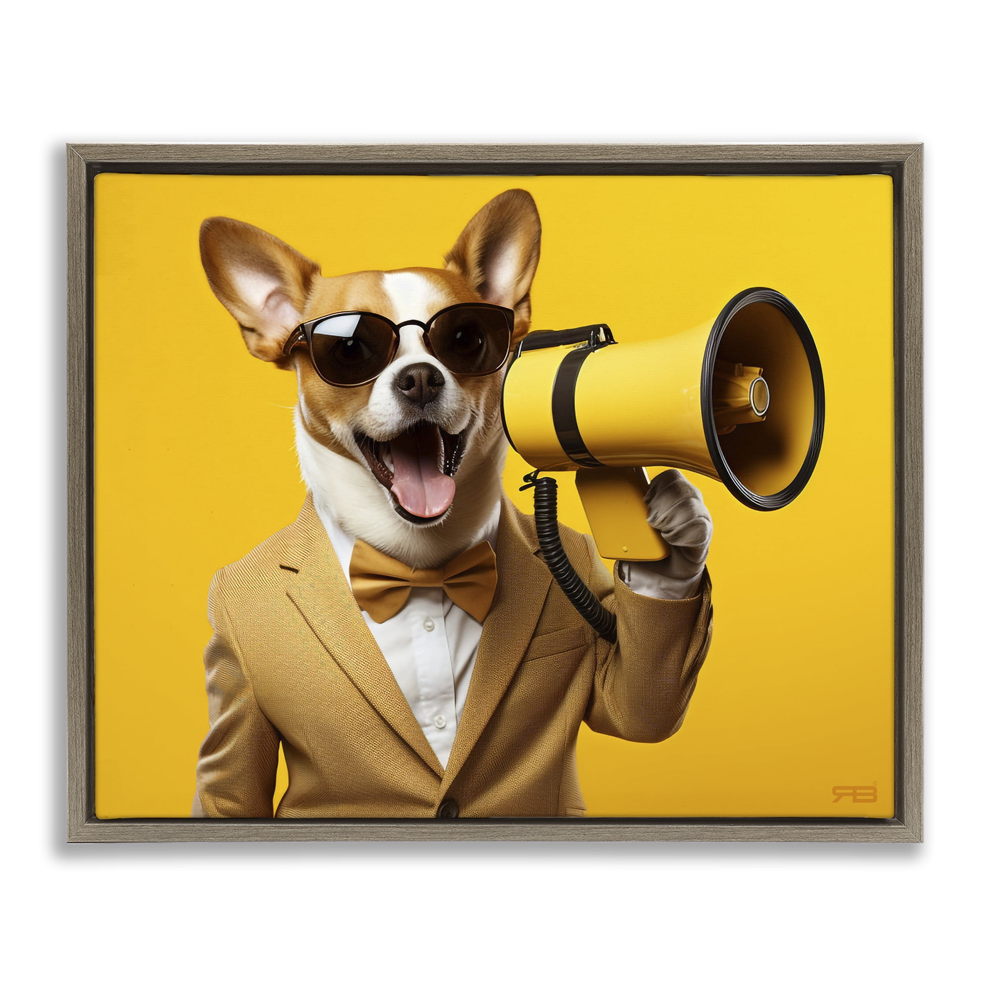 Stupell Industries Dog with Yellow Megaphone Animals & Insects Painting Brown Floater Framed Canvas Art Print Wall Art, 31 x 25