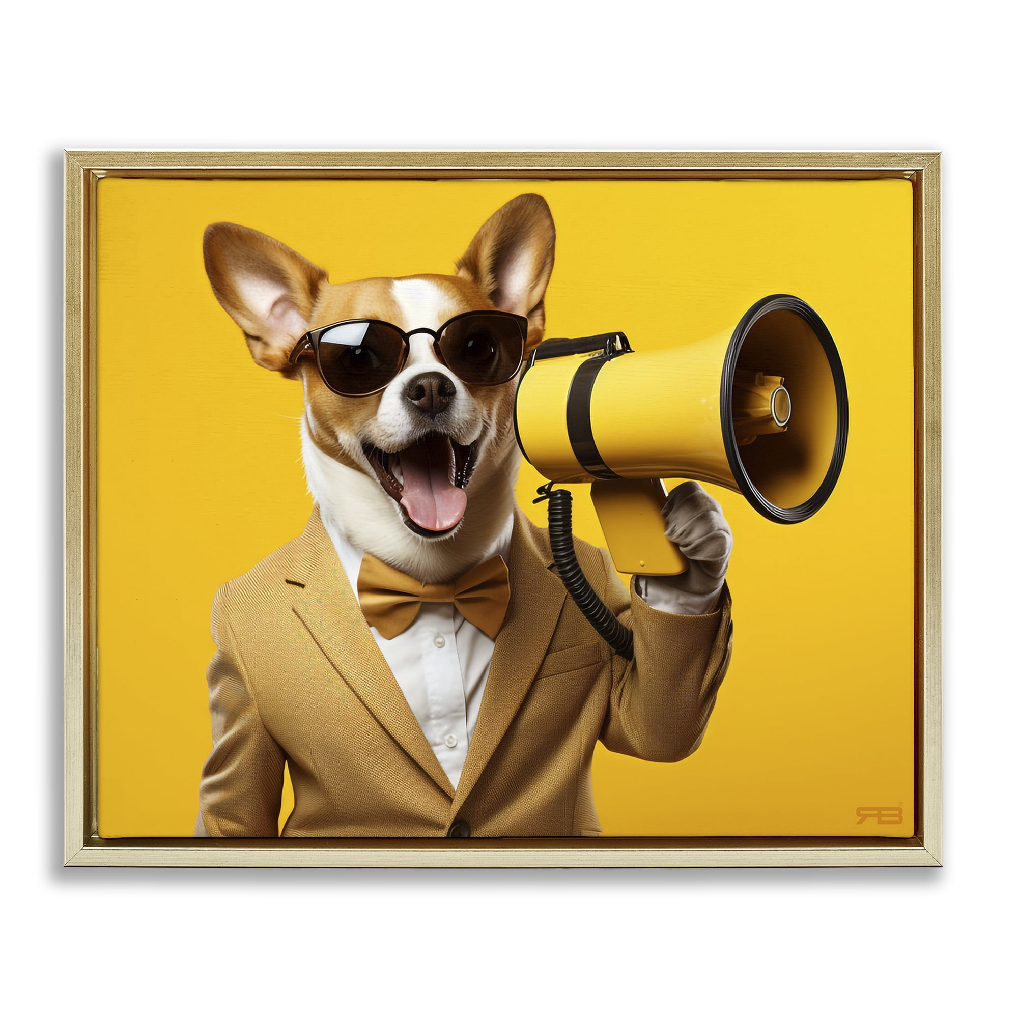 Stupell Industries Dog with Yellow Megaphone Animals & Insects Painting Gold Floater Framed Canvas Art Print Wall Art, 31 x 25