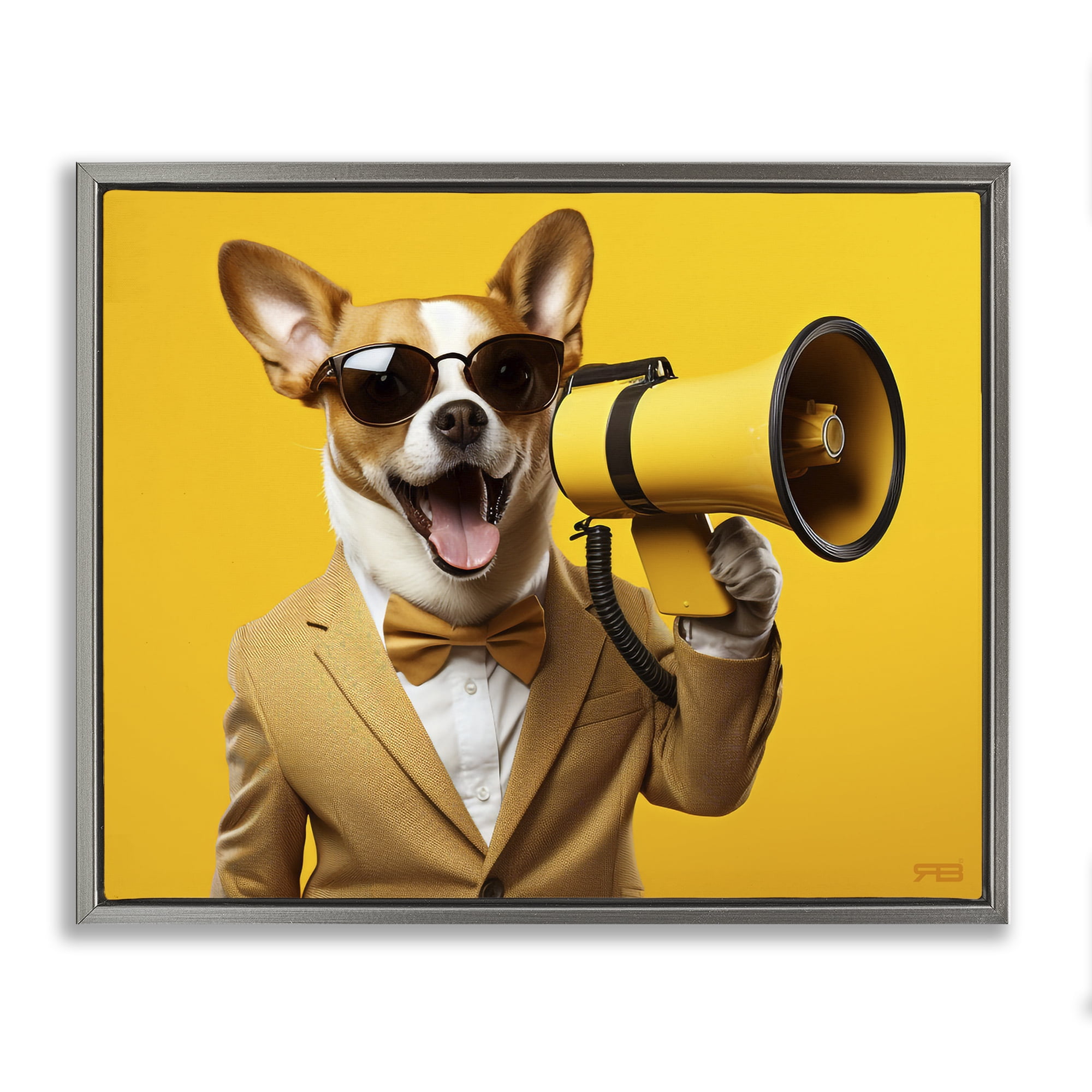 Stupell Industries Dog with Yellow Megaphone Animals & Insects Painting Gray Floater Framed Canvas Art Print Wall Art, 31 x 25