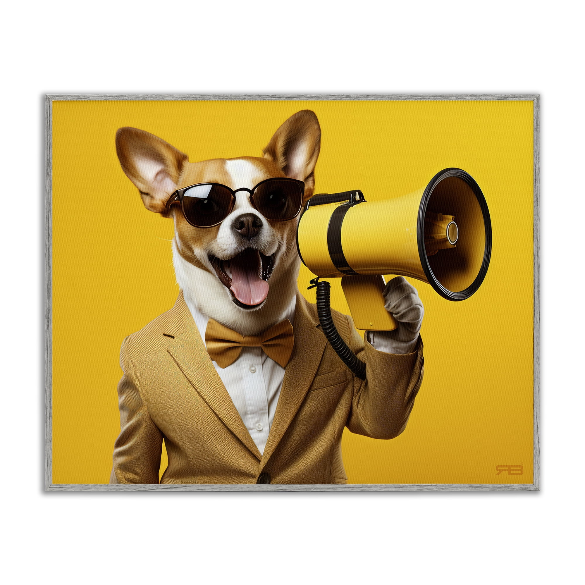 Stupell Industries Dog with Yellow Megaphone Animals & Insects Painting Gray Framed Art Print Wall Art, 14 x 11