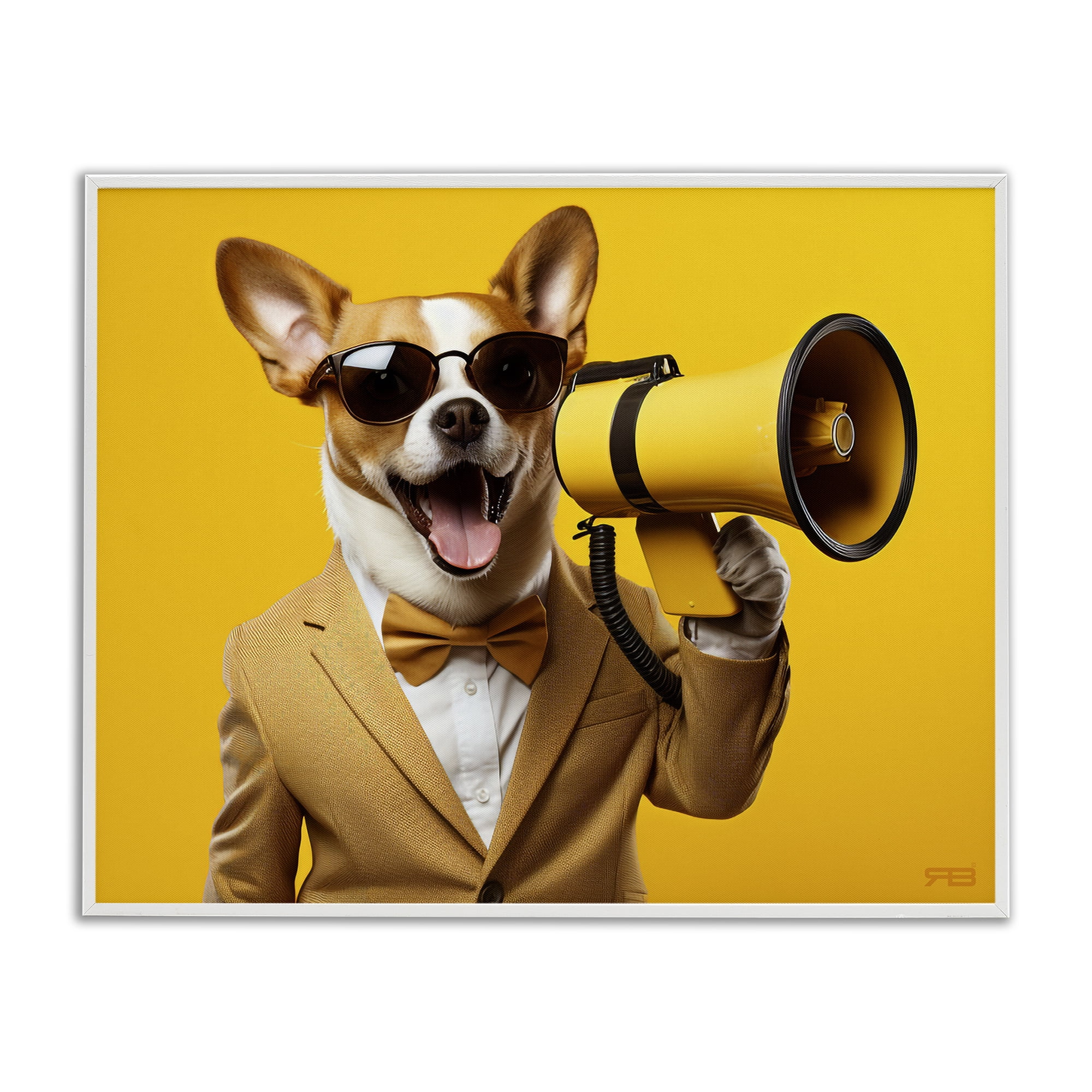Stupell Industries Dog with Yellow Megaphone Animals & Insects Painting White Framed Art Print Wall Art, 20 x 16