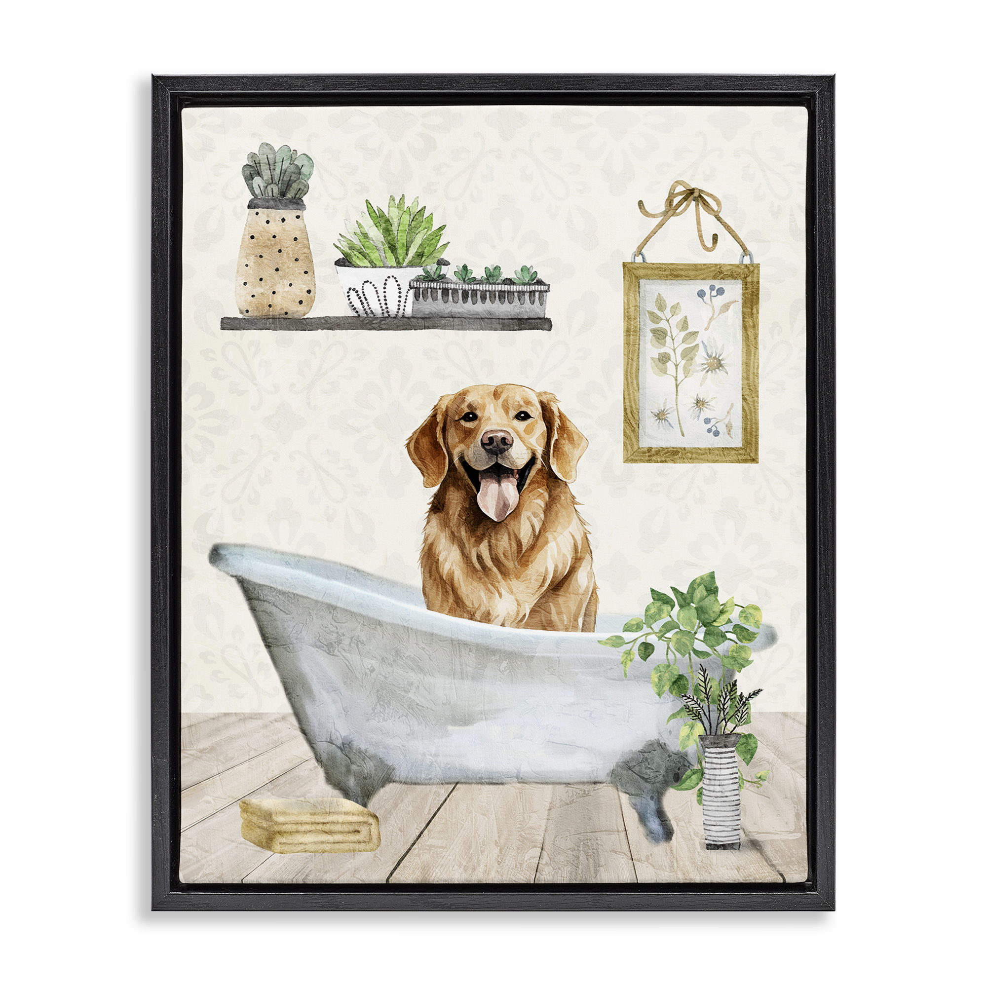 Stupell Industries Doggie Bath Time Bath & Laundry Painting Black Floater Framed Canvas Art Print Wall Art, 25 x 31