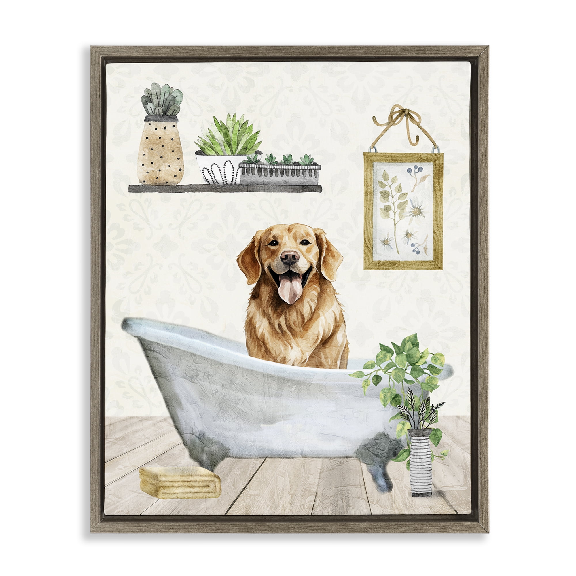Stupell Industries Doggie Bath Time Bath & Laundry Painting Brown Floater Framed Canvas Art Print Wall Art, 17 x 21