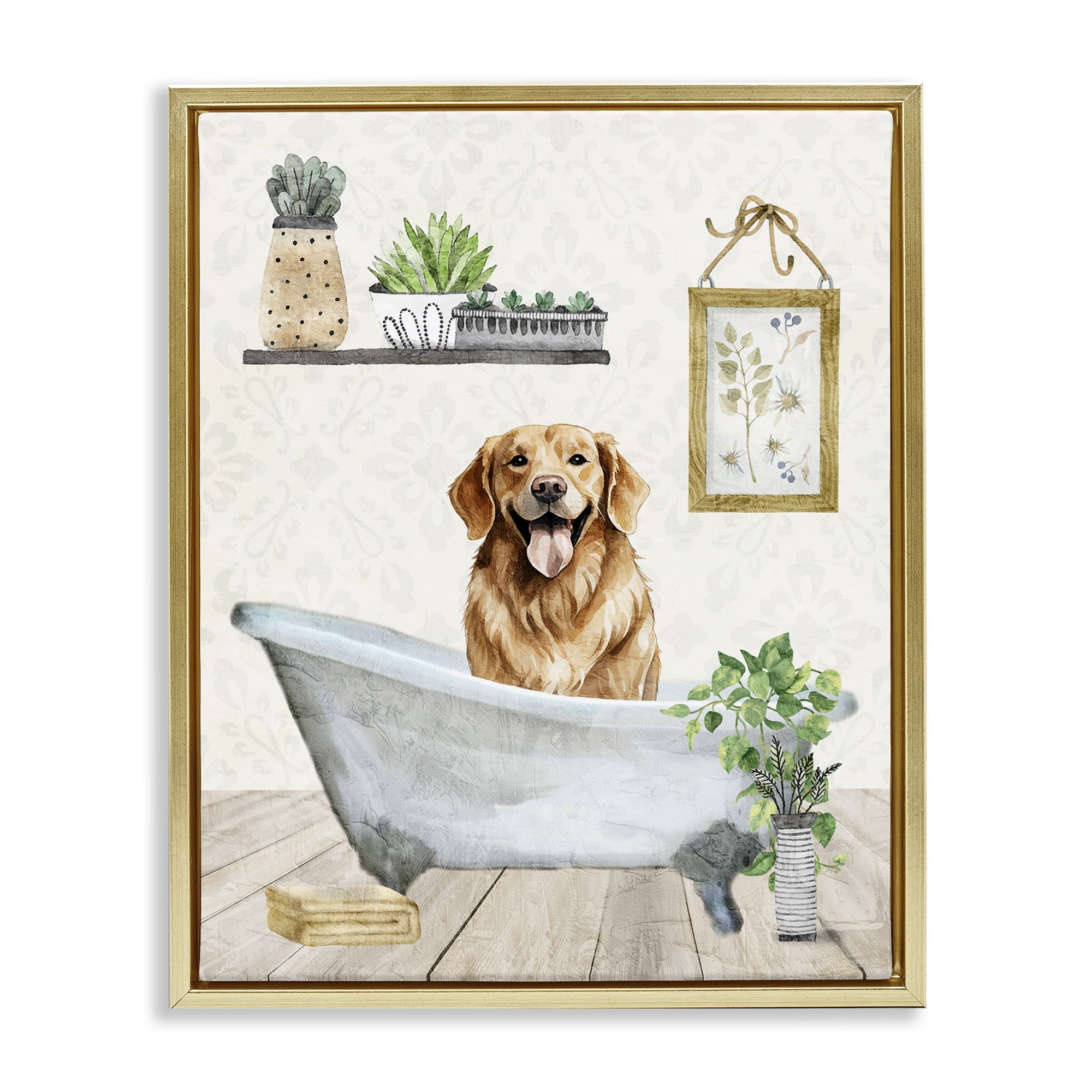 Stupell Industries Doggie Bath Time Bath & Laundry Painting Gold Floater Framed Canvas Art Print Wall Art, 17 x 21