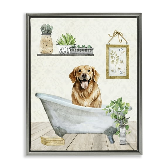 Stupell Industries Doggie Bath Time Bath & Laundry Painting Gray Floater Framed Canvas Art Print Wall Art, 17 x 21