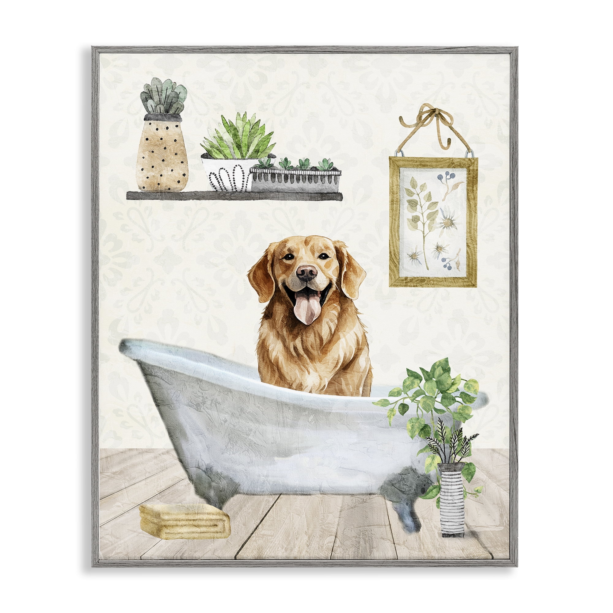 Stupell Industries Doggie Bath Time Bath & Laundry Painting Gray Framed Art Print Wall Art, 16 x 20