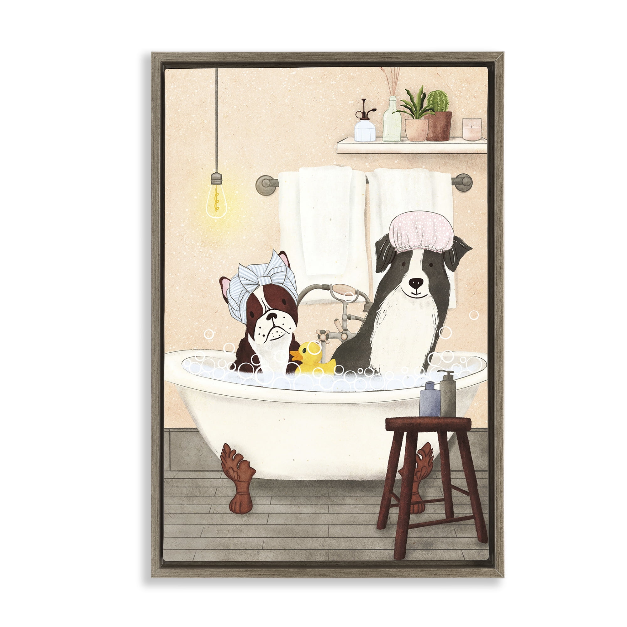 Stupell Industries Doggie Bath Time Typography Painting Brown Floater Framed Canvas Art Print Wall Art, 21 x 31