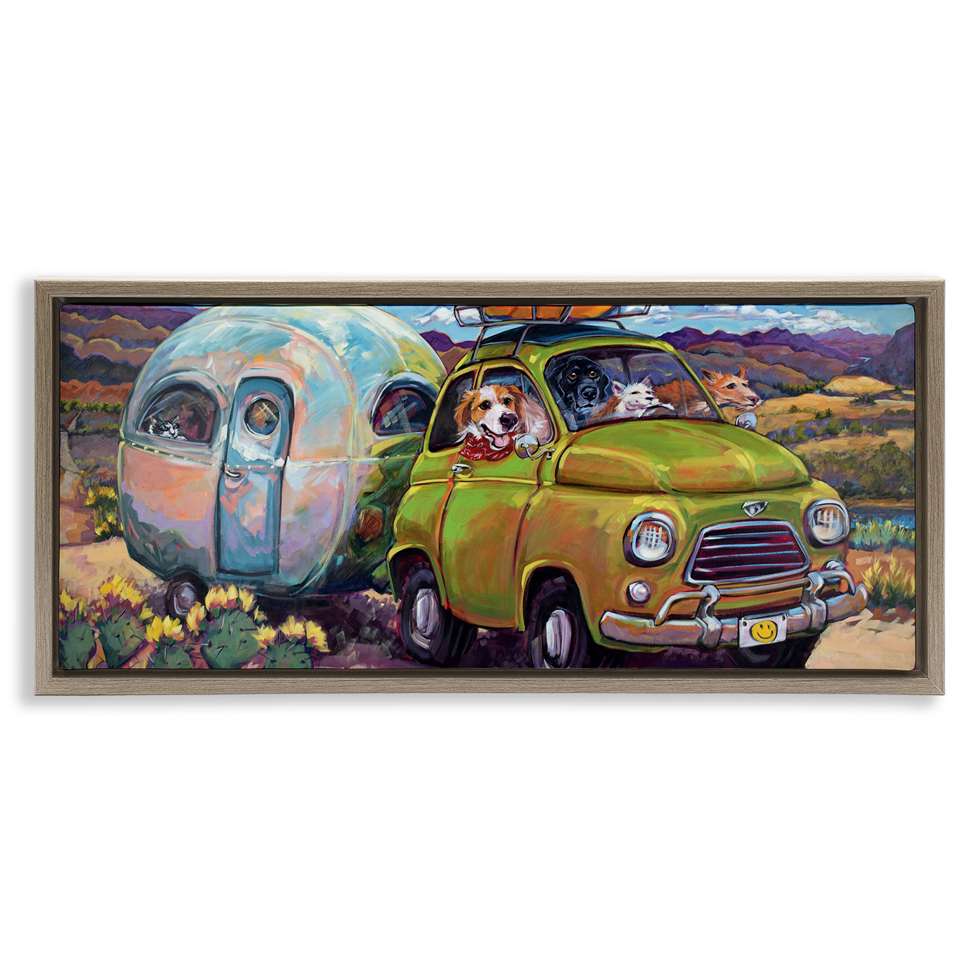 Stupell Industries Dogs Driving Camper Van Animals & Insects Painting Brown Floater Framed Canvas Art Print Wall Art, 25 x 11
