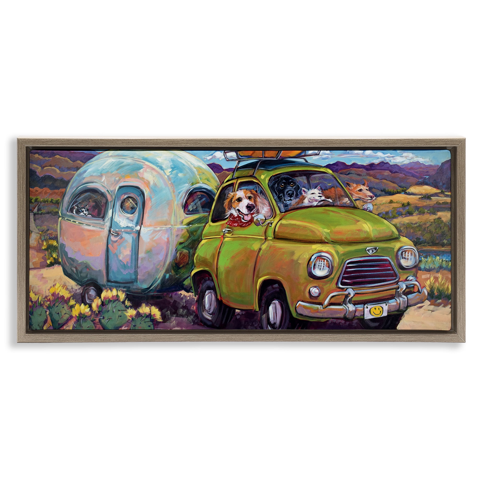 Stupell Industries Dogs Driving Camper Van Animals & Insects Painting Brown Floater Framed Canvas Art Print Wall Art, 31 x 14