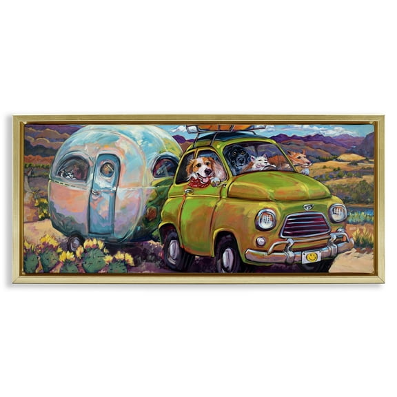 Stupell Industries Dogs Driving Camper Van Animals & Insects Painting Gold Floater Framed Canvas Art Print Wall Art, 31 x 14