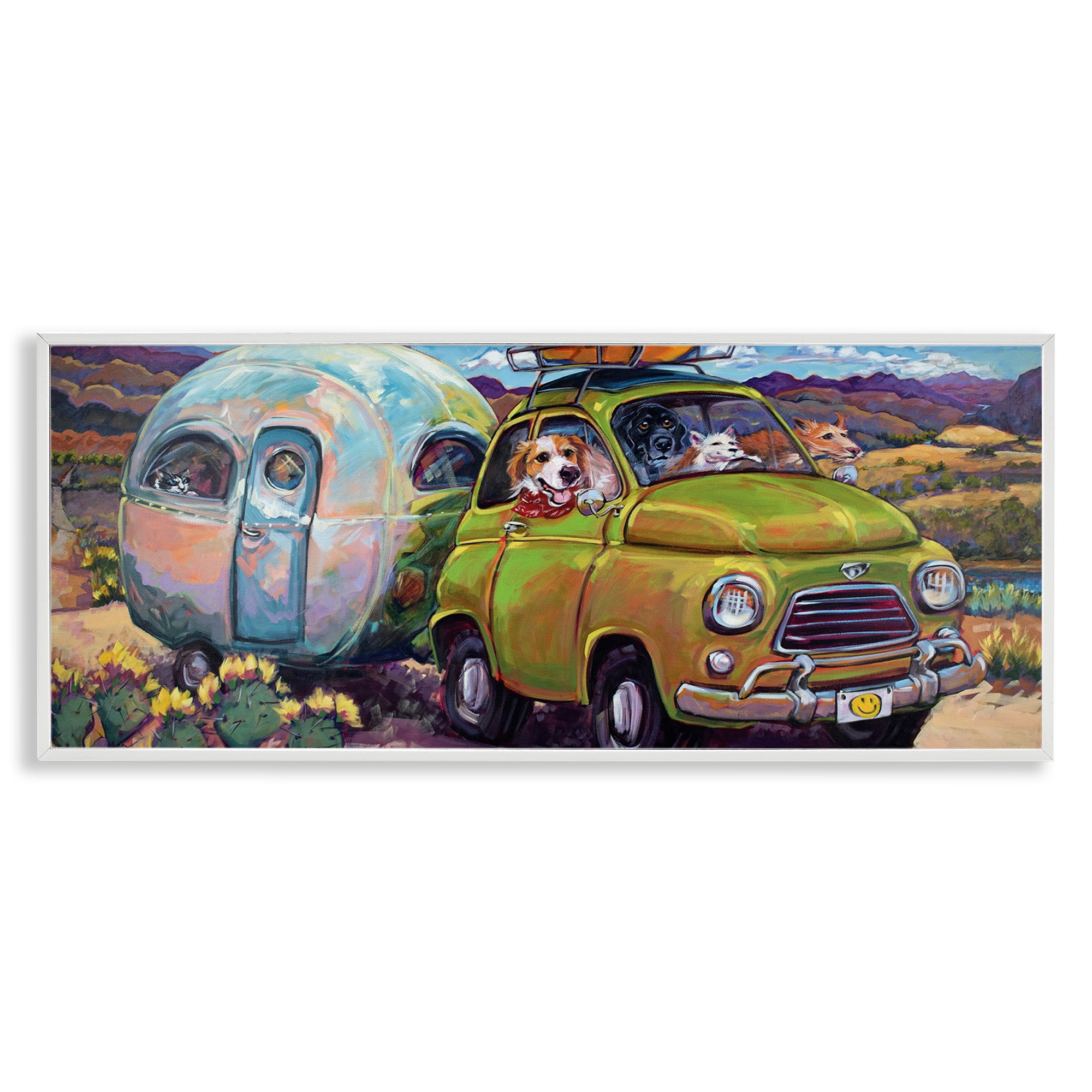 Stupell Industries Dogs Driving Camper Van Animals & Insects Painting White Framed Art Print Wall Art, 30 x 13