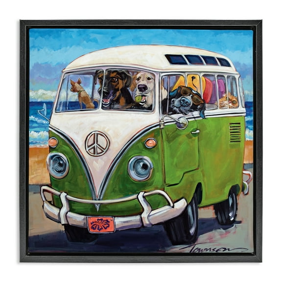 Stupell Industries Dogs Driving Retro Van Animals & Insects Painting Black Floater Framed Canvas Art Print Wall Art, 18 x 18