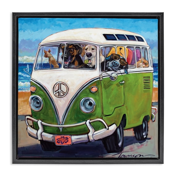 Stupell Industries Coastal Dogs Driving Retro Van Black Floating Frame Canvas Art, 25 x 25, by CR Townsend